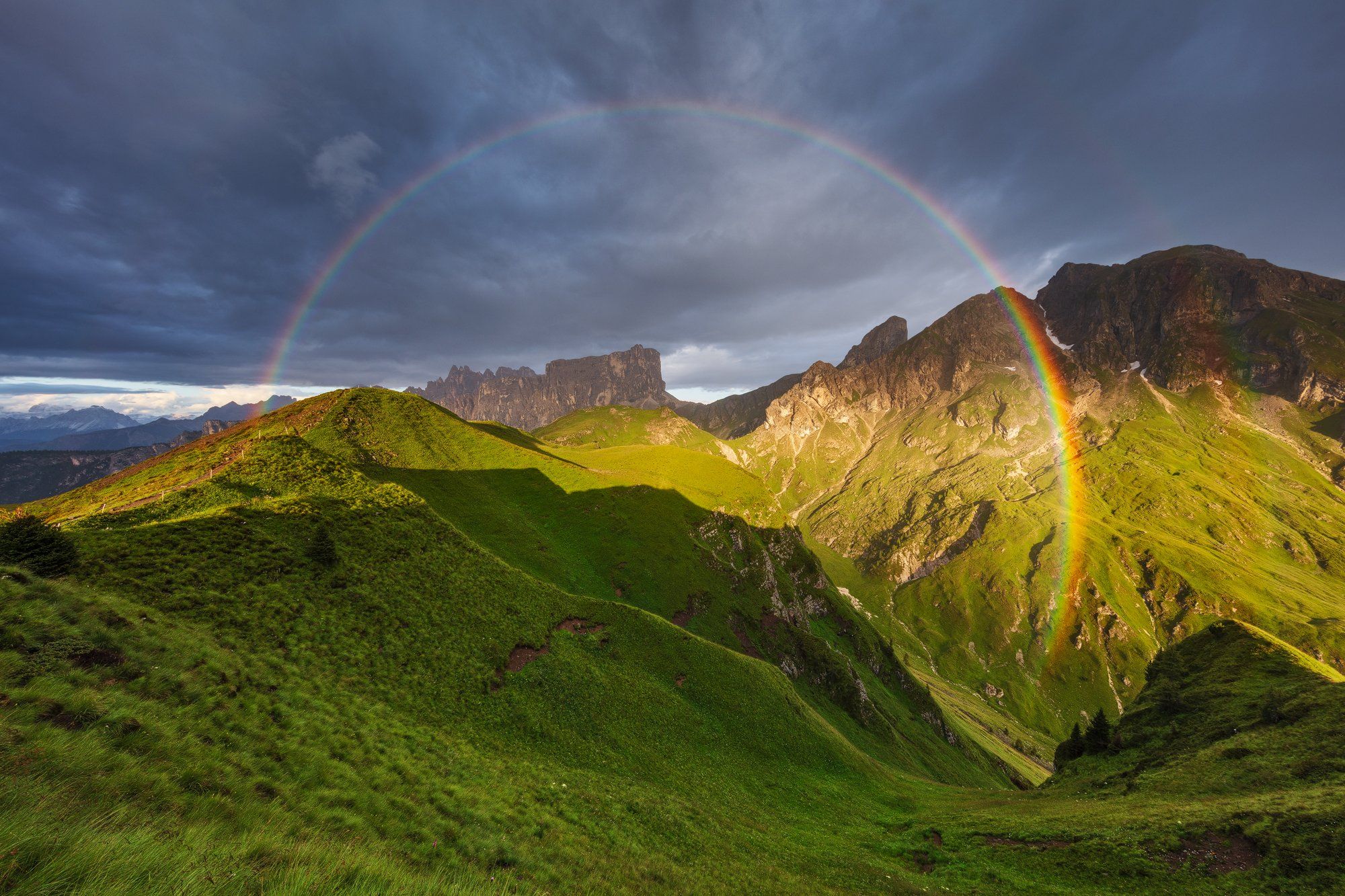 rainbow, rain, sun, mountains, summer, alps, dolomites, dolomiti, clouds, evening, sunset, nature, landscape, unesco, Martin Rak