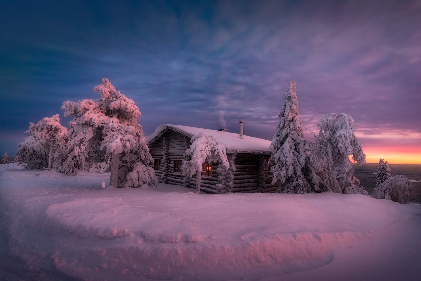 зима, снег, елка, вечер, зака,т небо, домик, финляндия, Cтанислав Малых