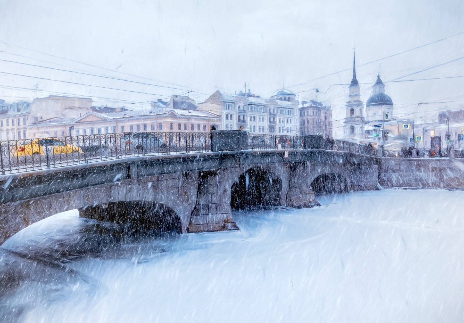 город,зима,мост,снегопад,метель,архитектура, Тамара