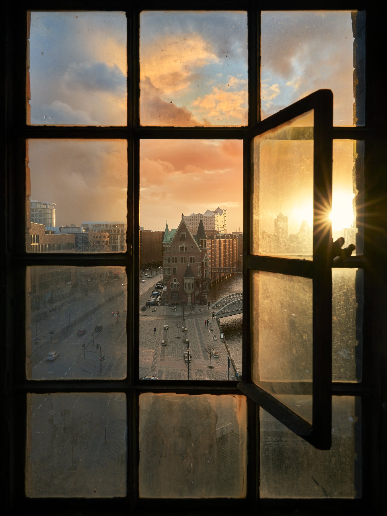 sunset, speicherstadt, window, building, achitecture, Alexander Schönberg