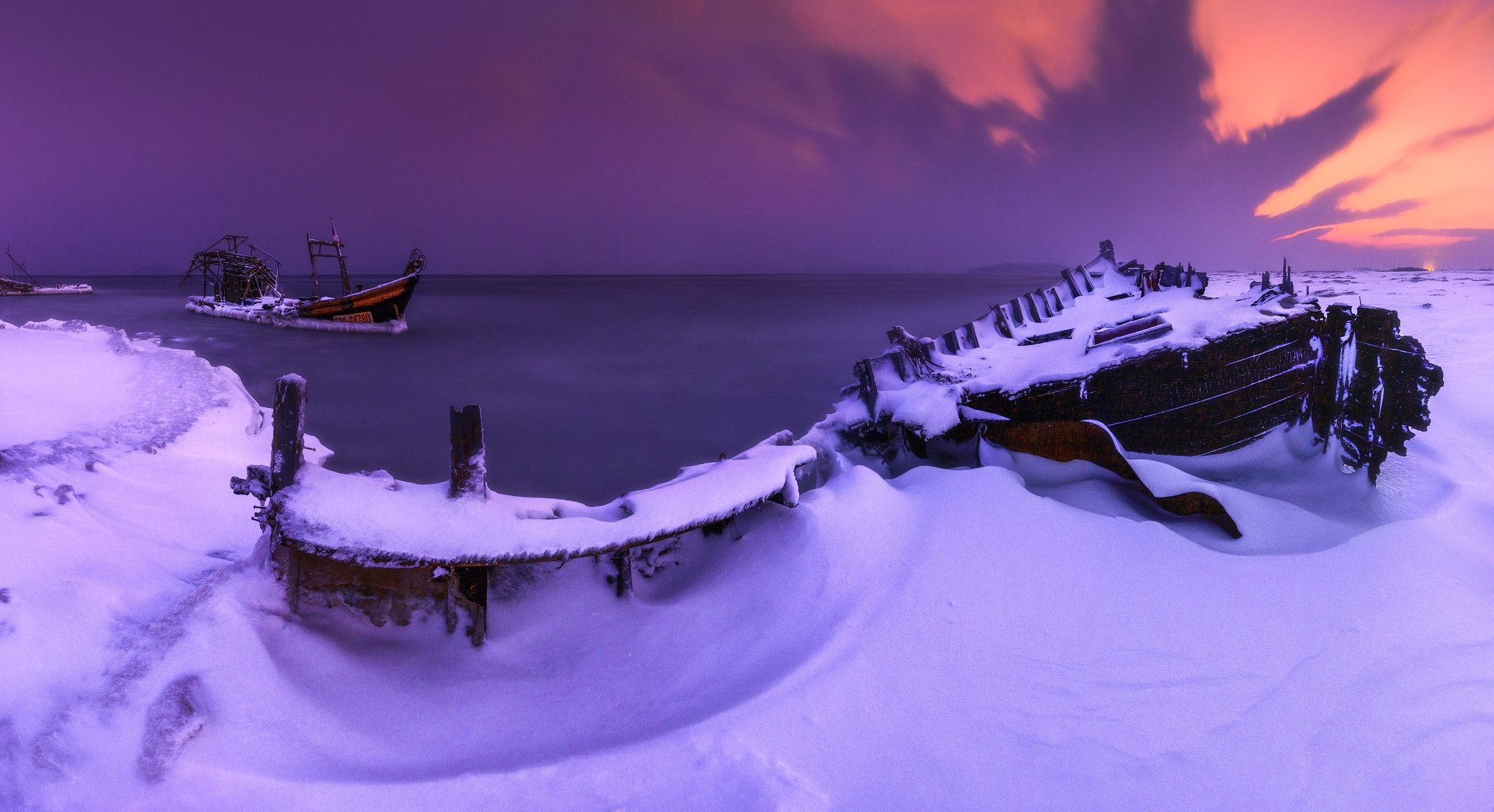 панорама, море, зима, шхуны, Андрей Кровлин
