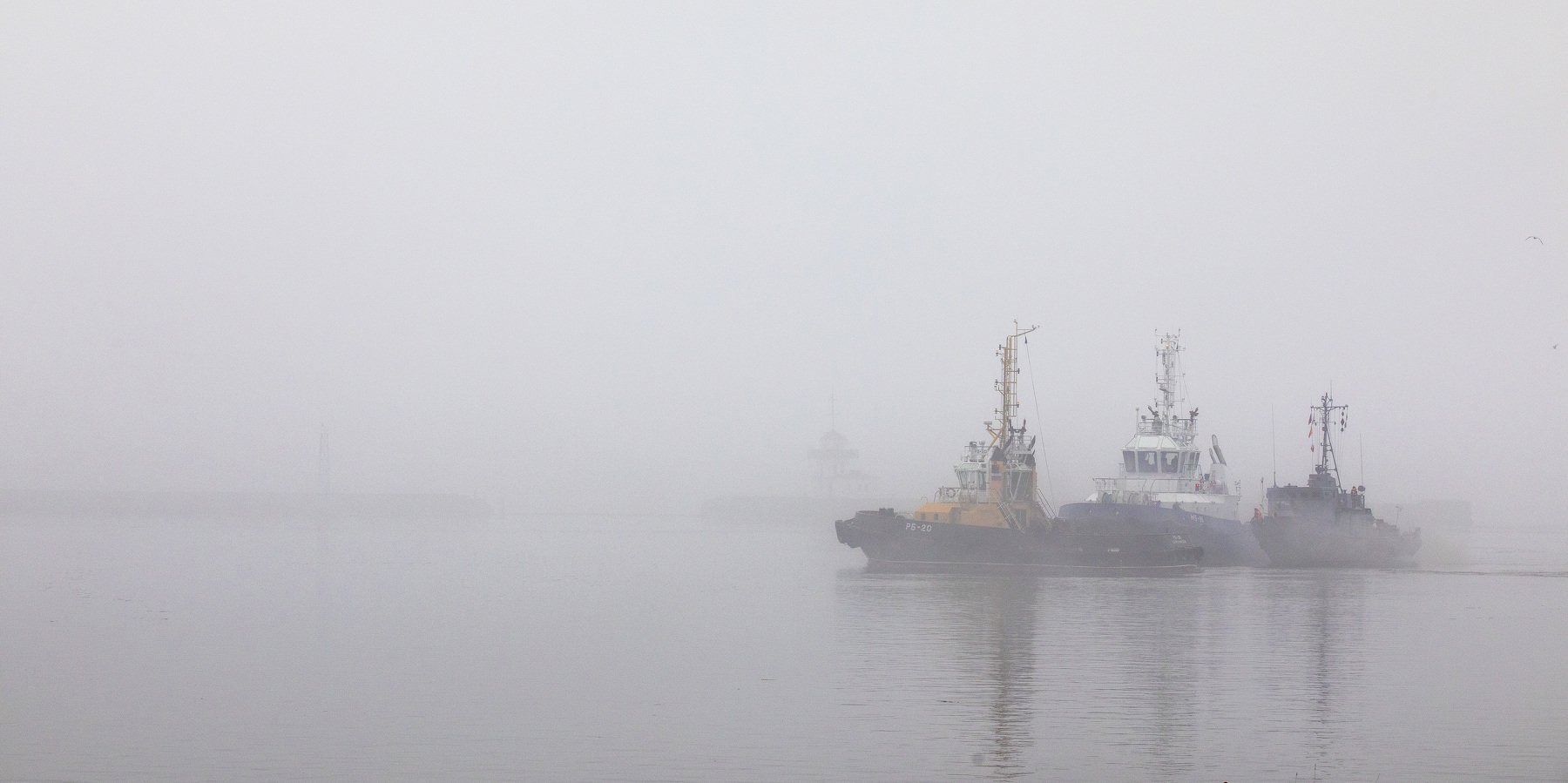 туман, зима, вода, корабли, Александр Игнатьев