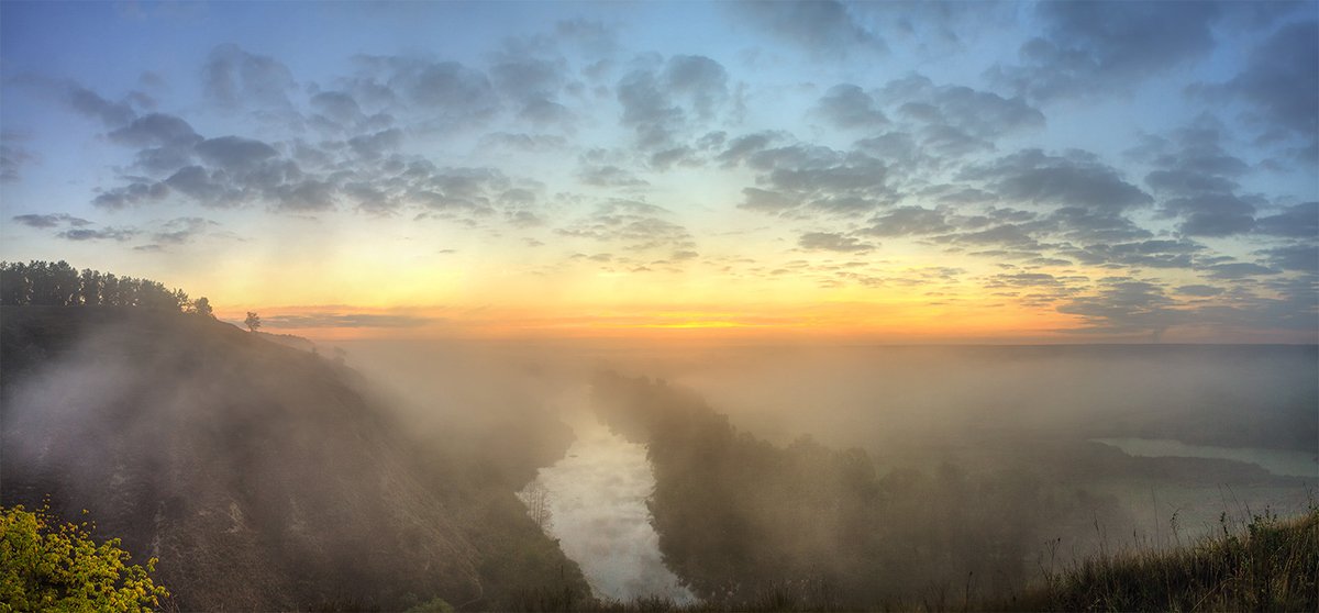 река, туман, восход, солнце, небо, облака, Владимир Костылев