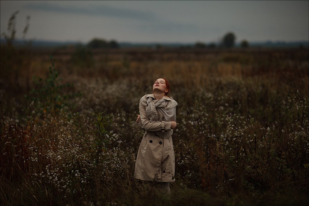 autumn, girl, portrait, cold, field, cloudy, Данила Лопаткин