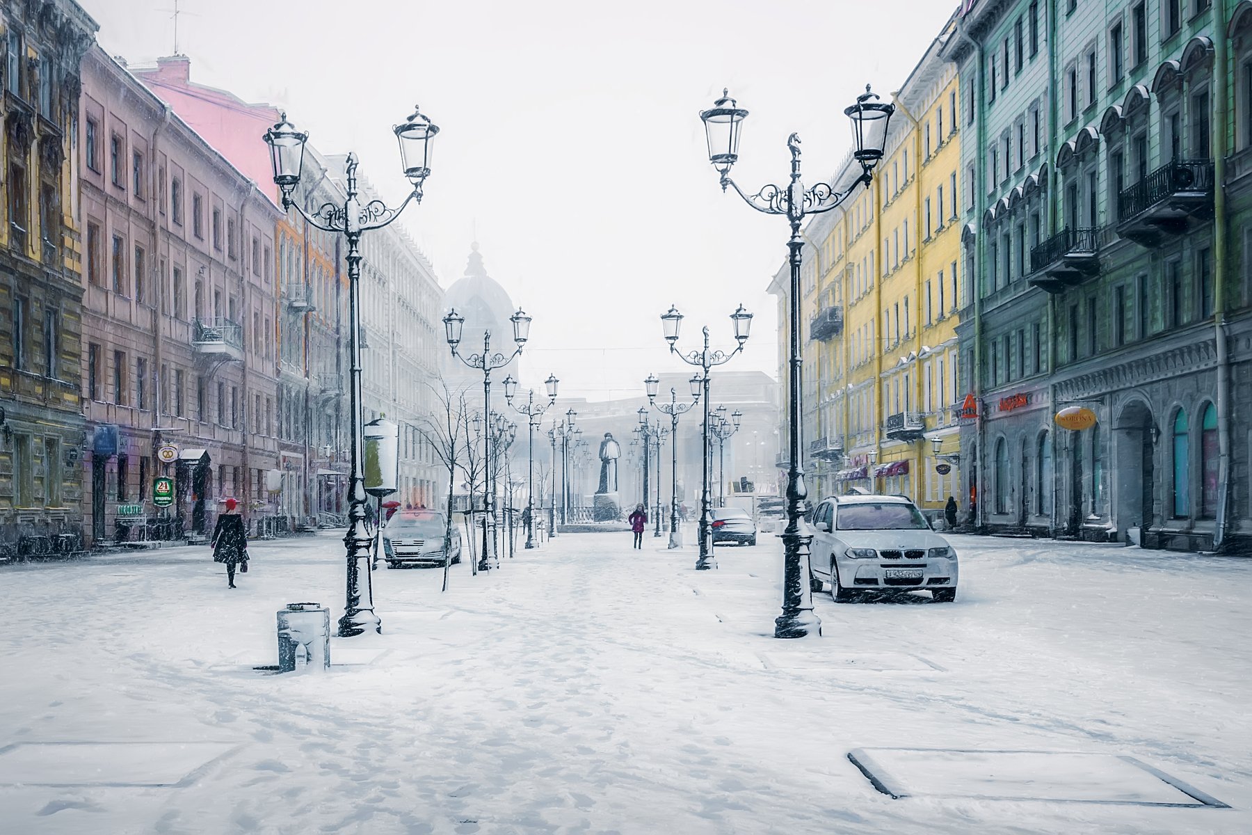 город,зима,улица,архитектура,снег,фонари,люди,снегопад, Тамара