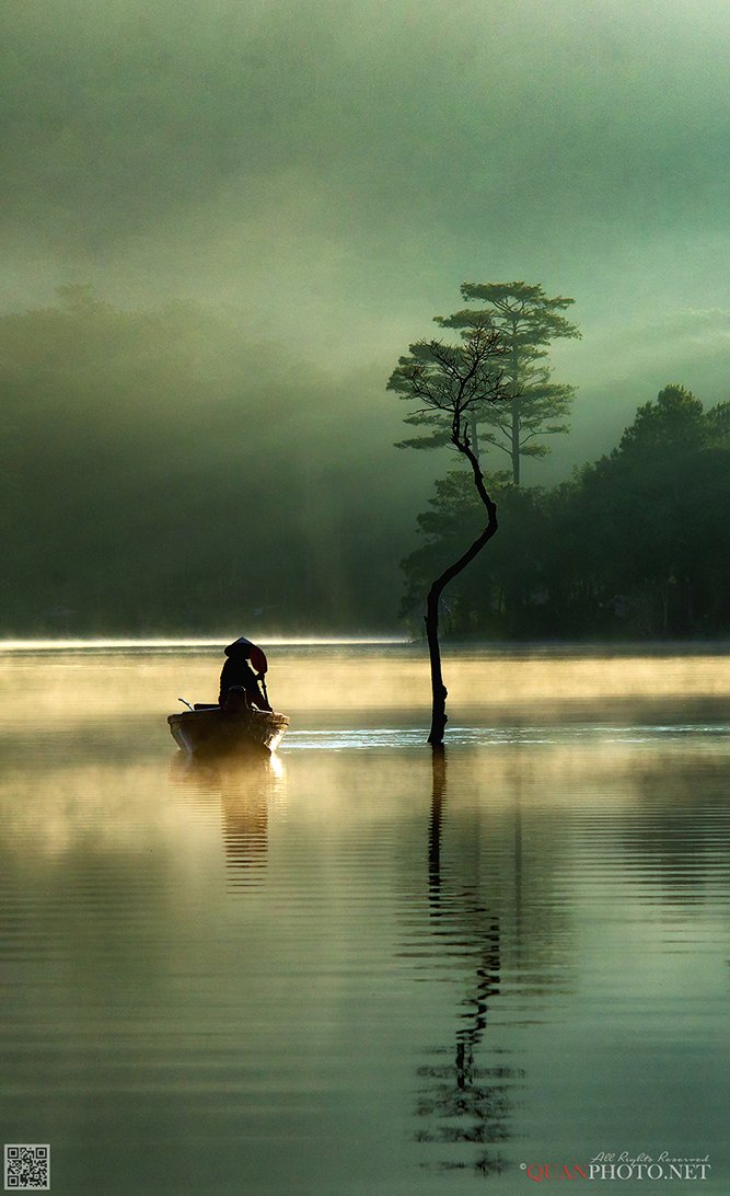 quanphoto, landscape, morning, sunrise, dawn, rays, fishing, boat, tree, reflections, foggy, lake, plateau, vietnam, quanphoto