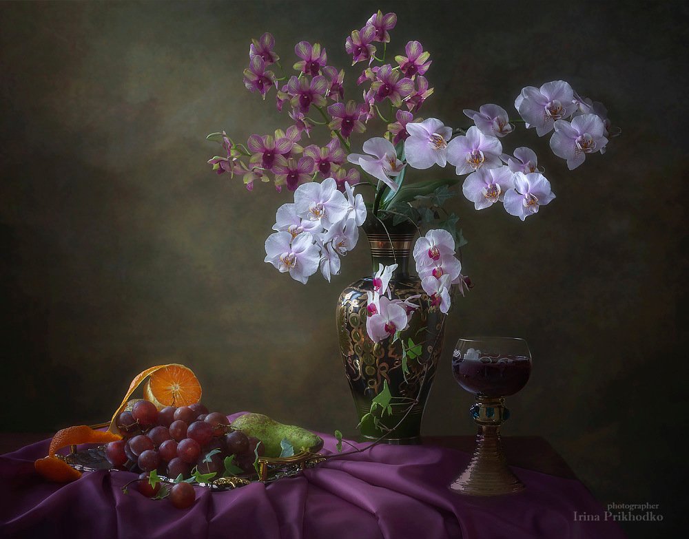 натюрморт, винтажный, цветы, орхидеи, фрукты, вино, Ирина Приходько