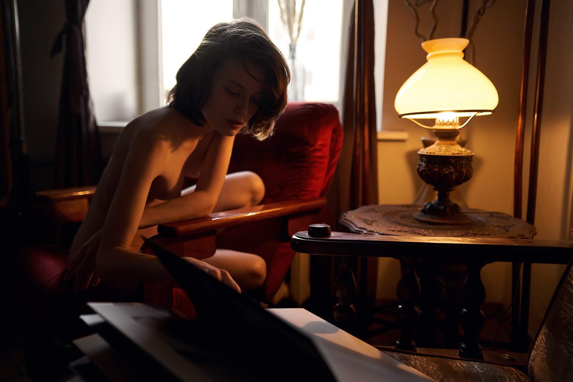 girl, nude, naked, at home, lamp, light, saint-petersburg, book, journal, magazine, window, Роман Филиппов