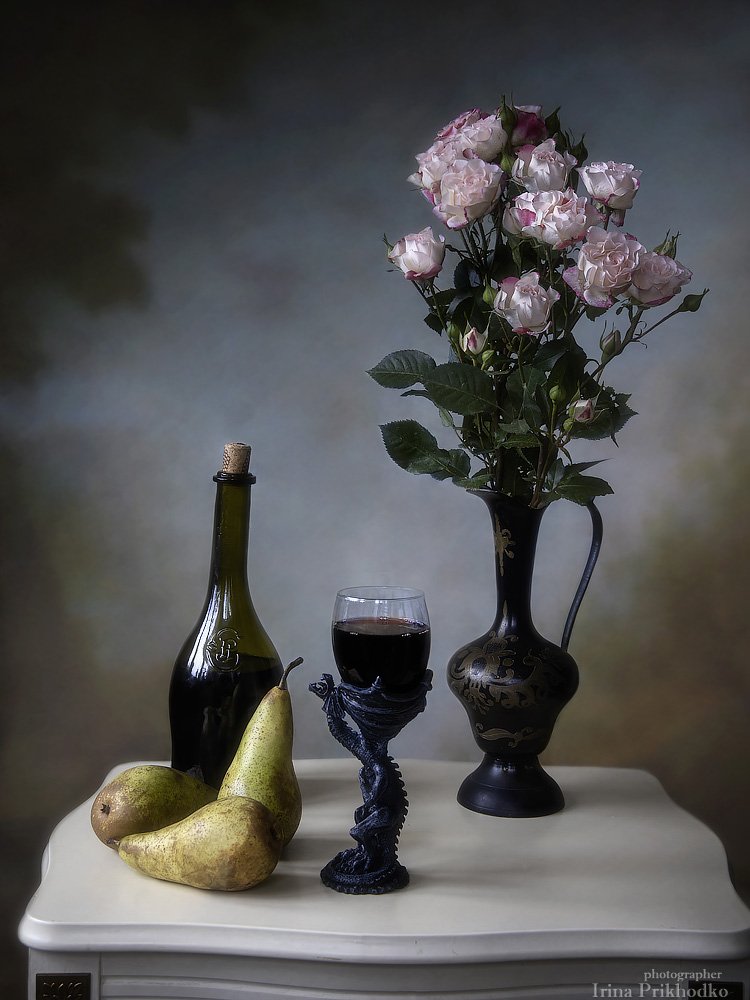 натюрморт, вино, груши, фрукты, букет, розы, винтаж, Ирина Приходько
