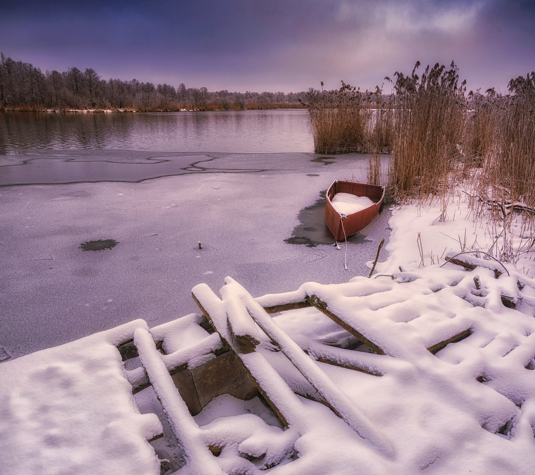 снег, природа, подмосковье, пейзаж, озеро, лодка, зима,, Павел Ныриков