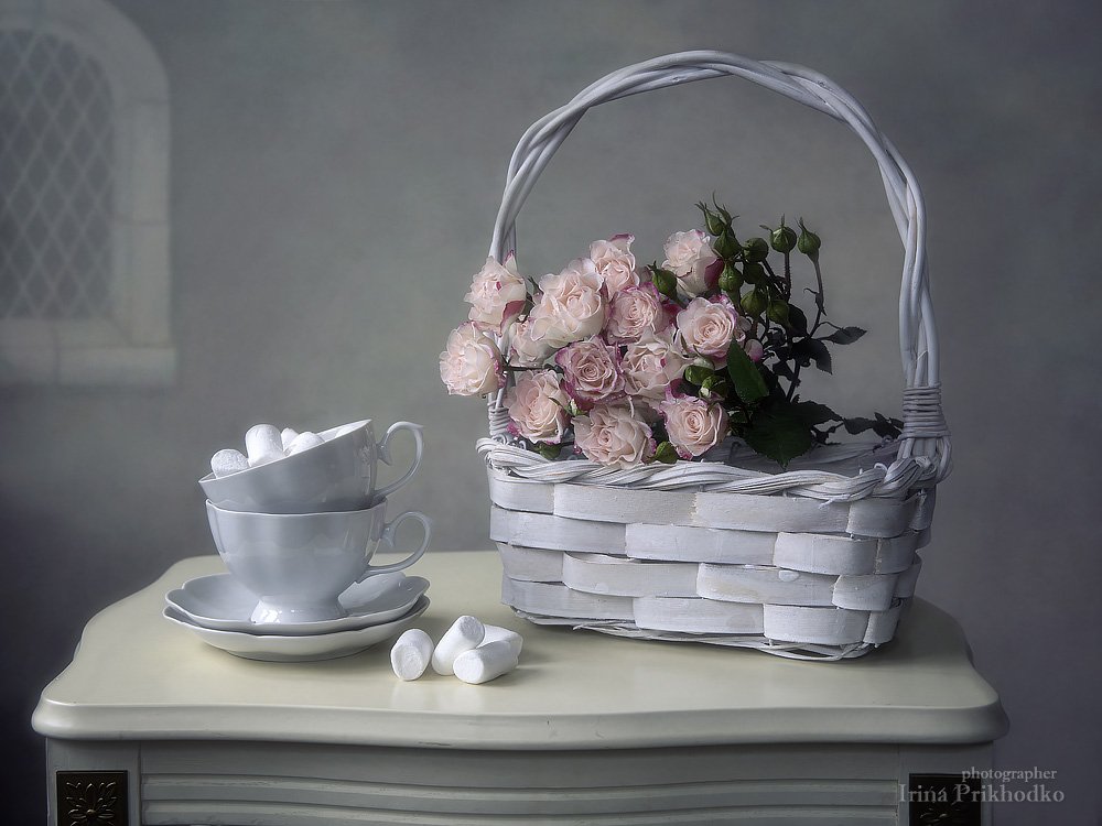 натюрморт, чайная посуда, маршмаллоу, букет, розы, романтический, Ирина Приходько