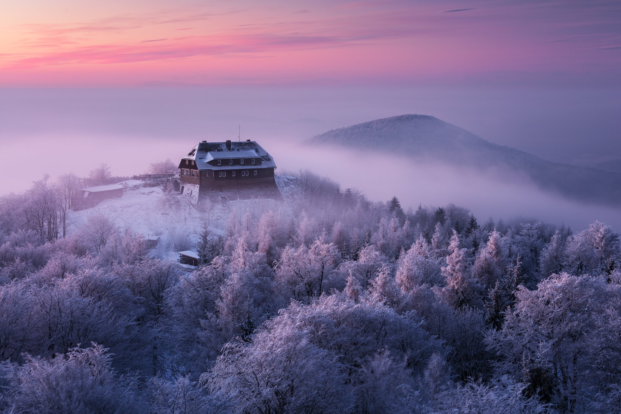 lusatian mountains, czech republic, winter, snow, twilight, morning, dawn, hut, beautiful, Martin Rak