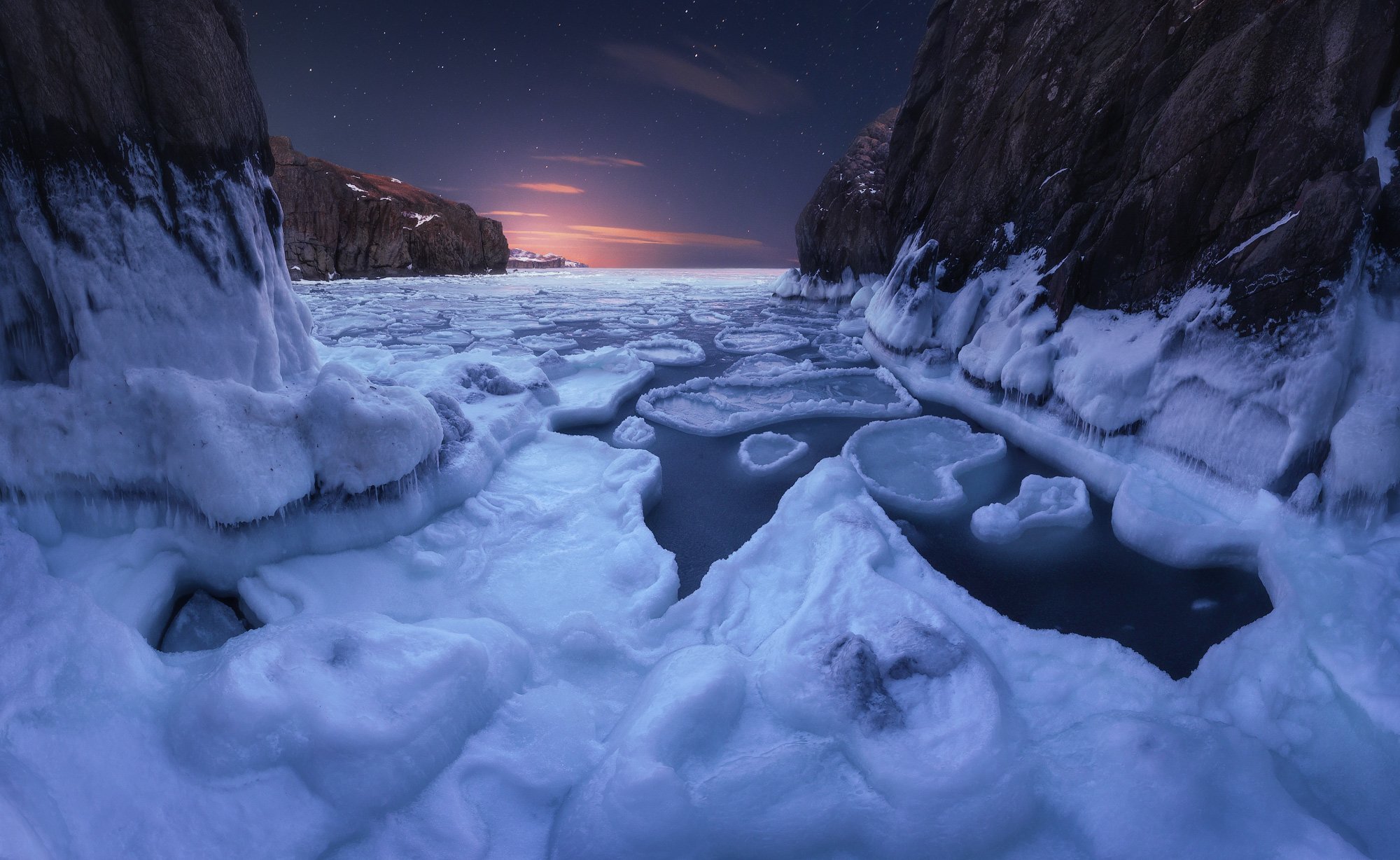 панорама, ночь, море, скалы, лёд, звёзды, Андрей Кровлин