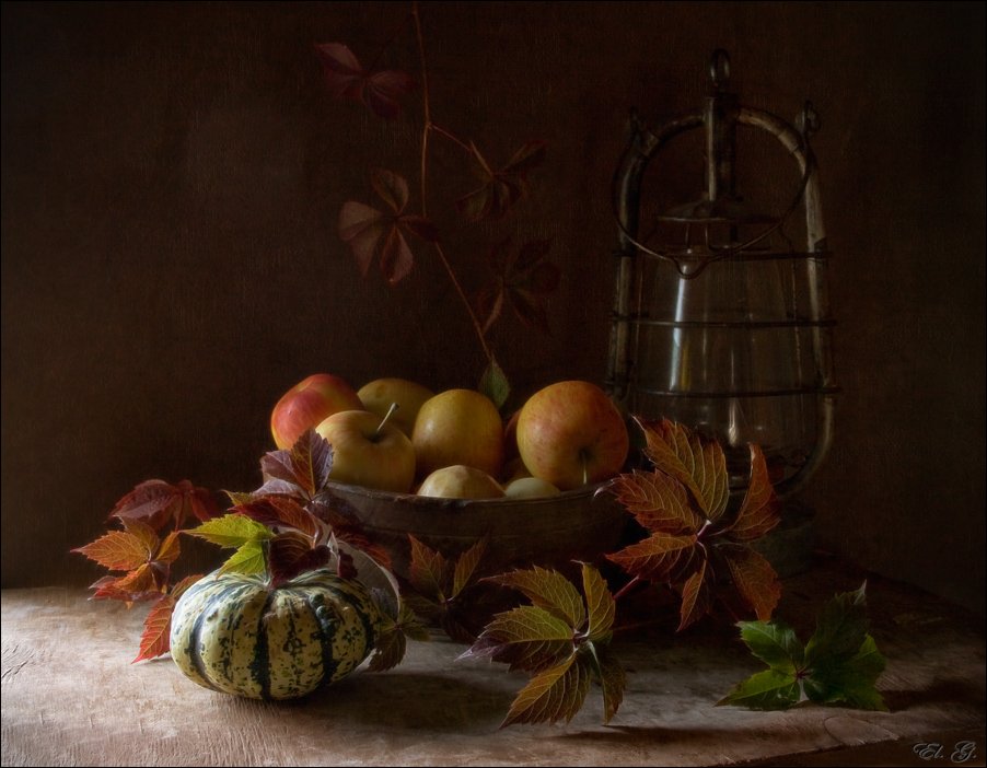 натюрморт, осень, яблоки, тыква, фонарь, листья, autumn, still, life, apples, pumpkin, lantern, leaves, El. G.