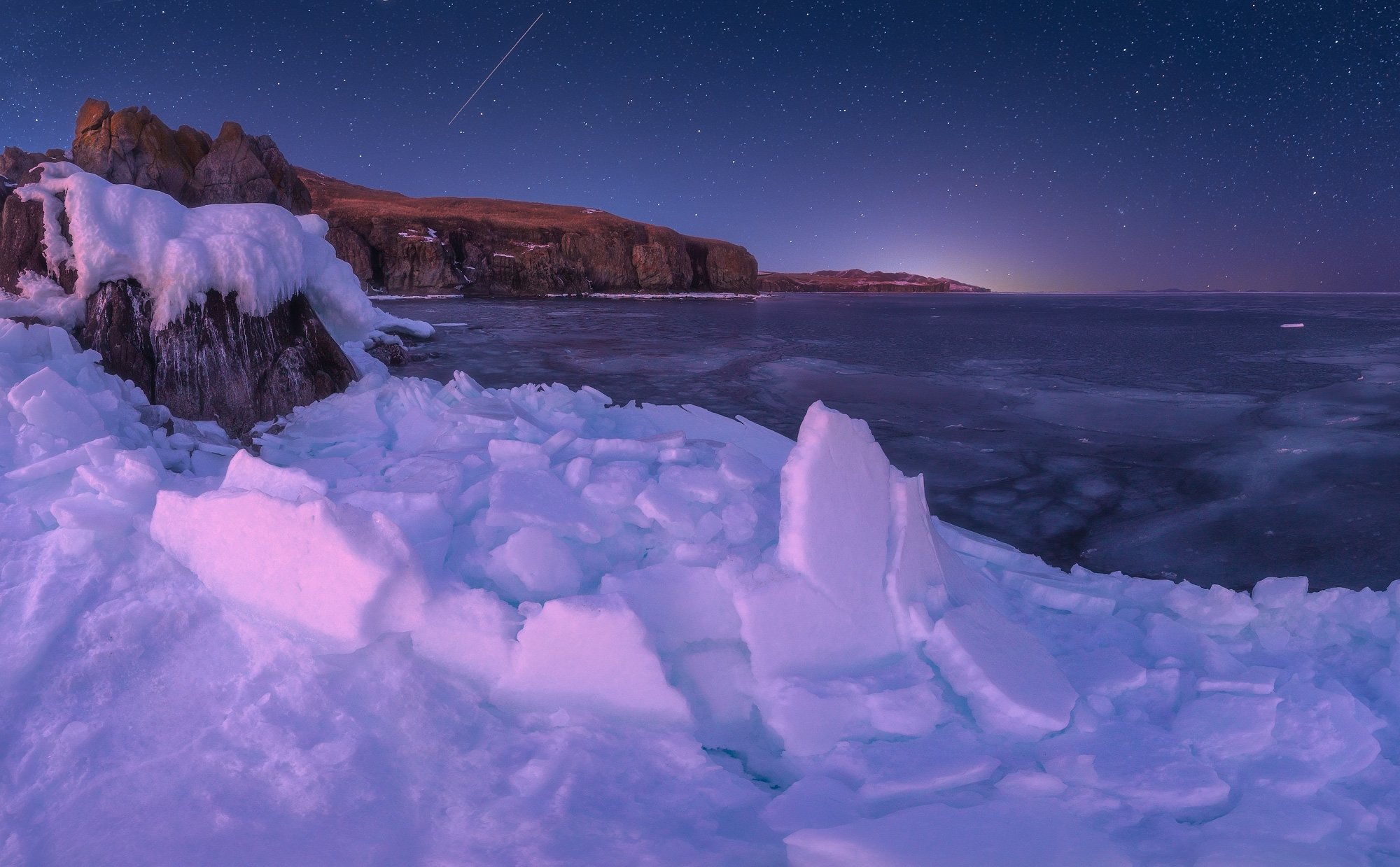 панорама, море, скалы, лёд, ночь, звёзды, Андрей Кровлин