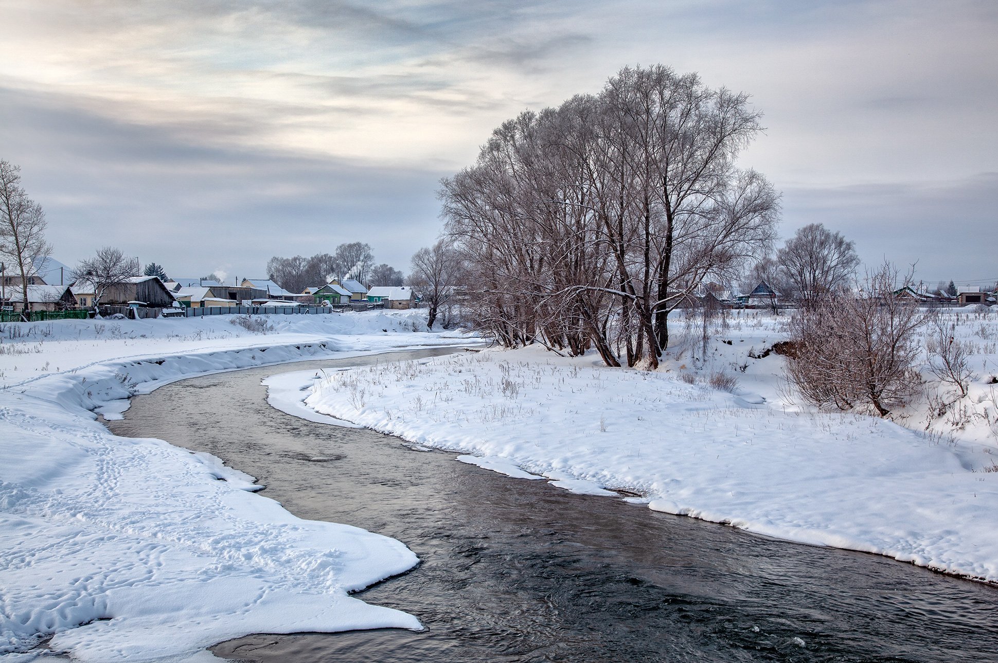 пейзаж,зима,река, деревня,снег,течение,холод, Тамара Андреева