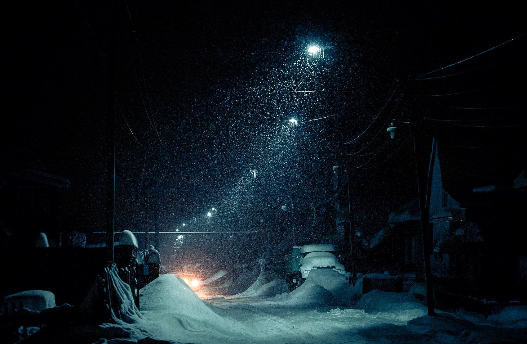 вечер, улица, фонарь, снегопад, дорога, Евгений Толкачёв