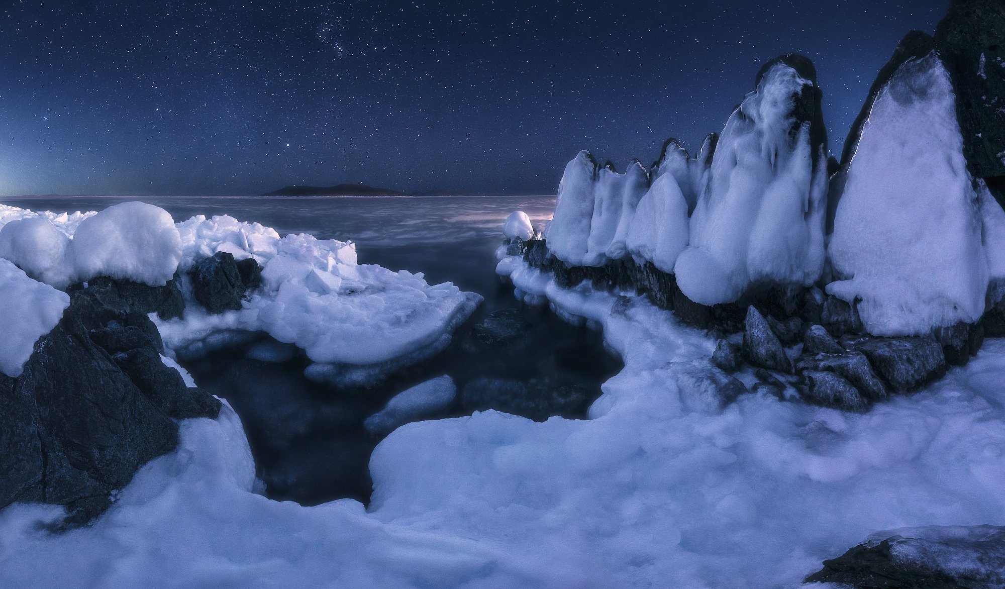 панорама, море, скалы, лёд, ночь, Андрей Кровлин
