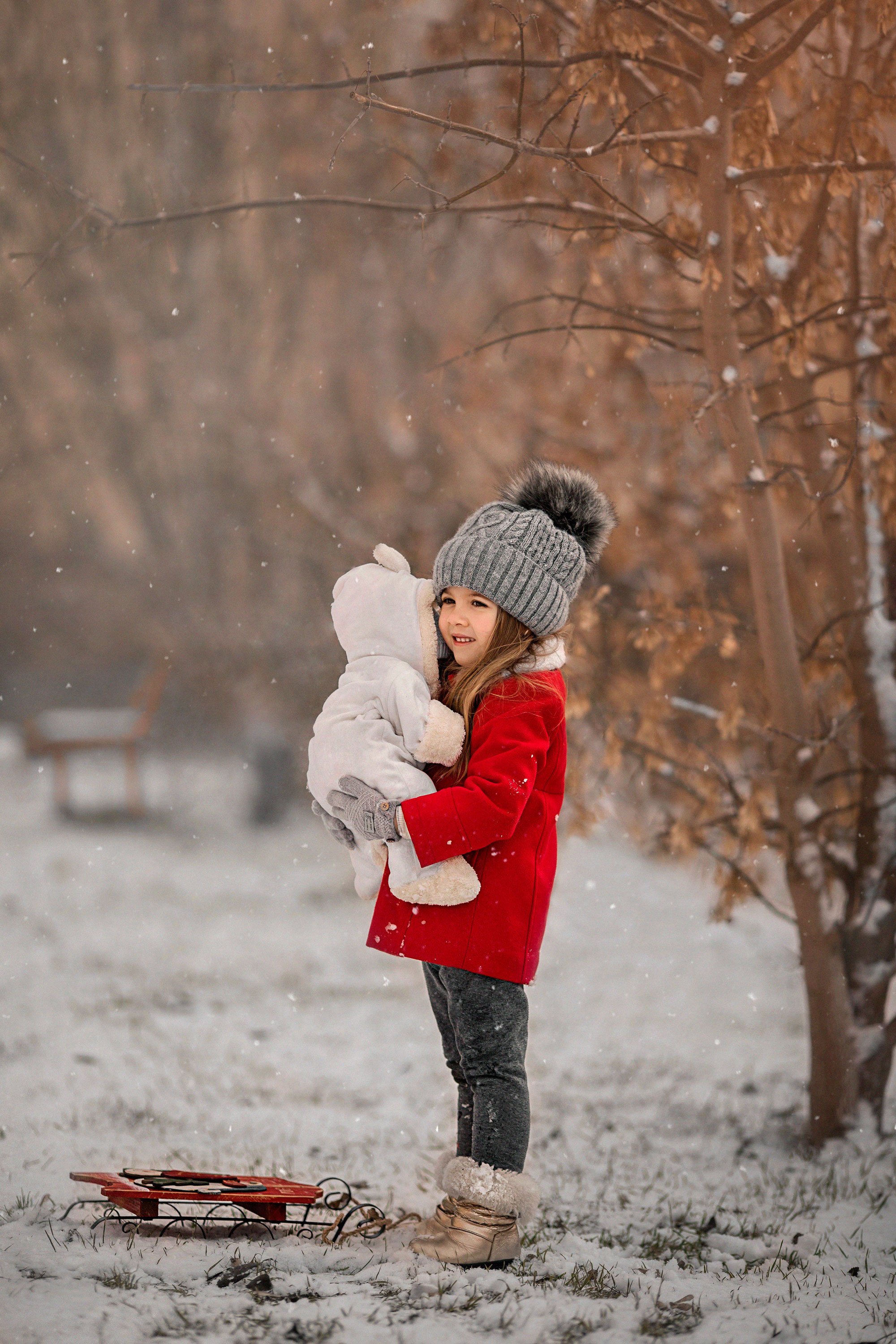 зима, зимнее фото, детское фото, детская фотография, кукла, санки, Александра Пименова