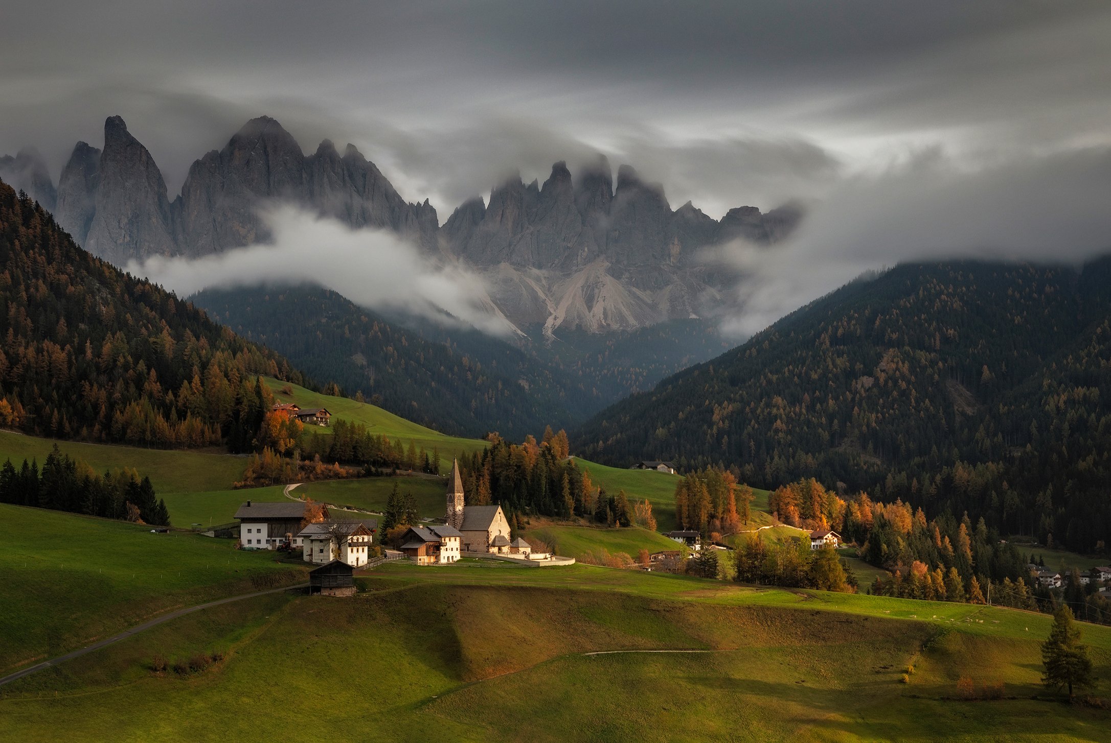 mountains, dolomites, italy, sunset, landscape, nature, travel, autumn, peak, clouds, church,, Lazar Ioan Ovidiu