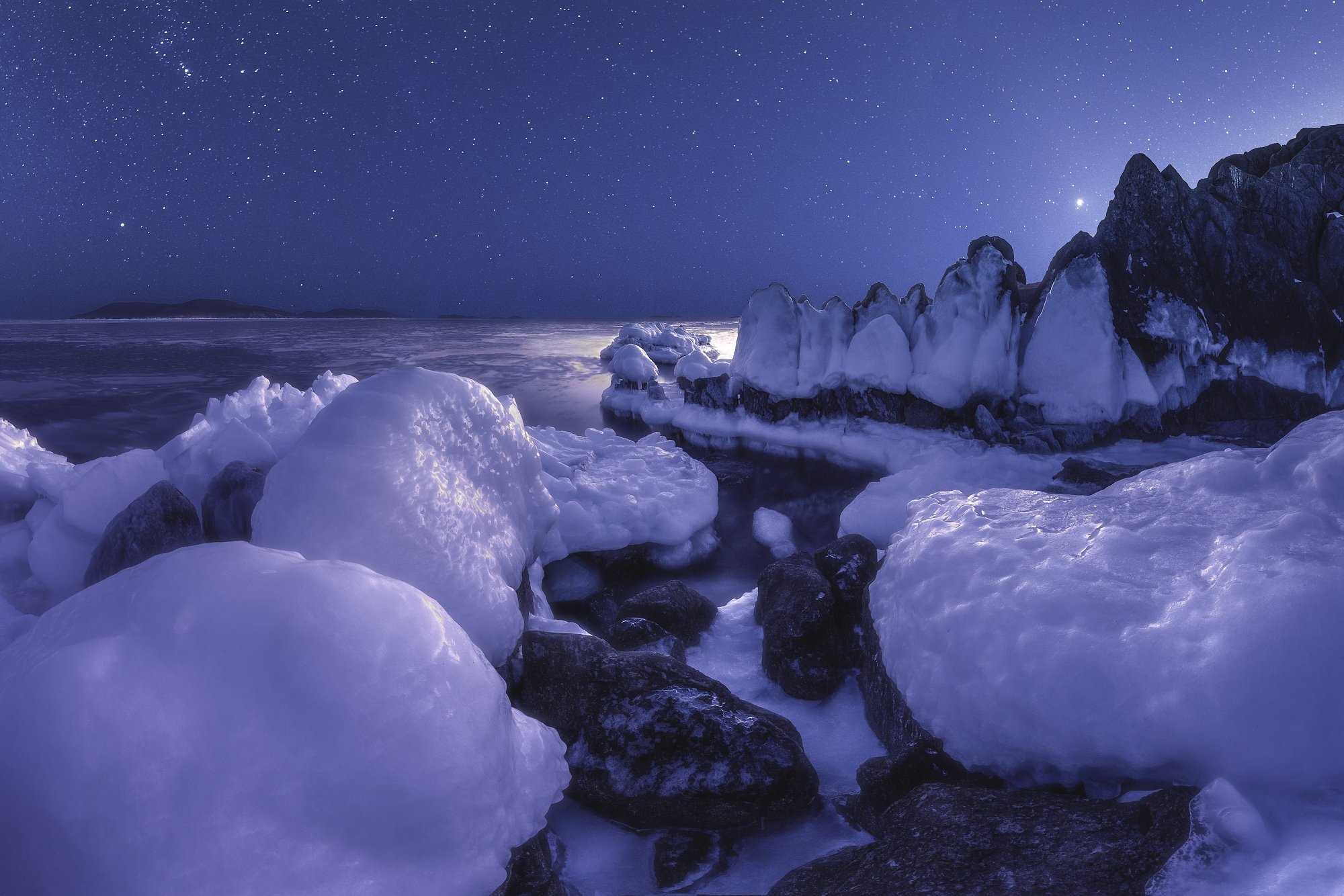 панорама, море, скалы, лёд, зима, ночь, Андрей Кровлин