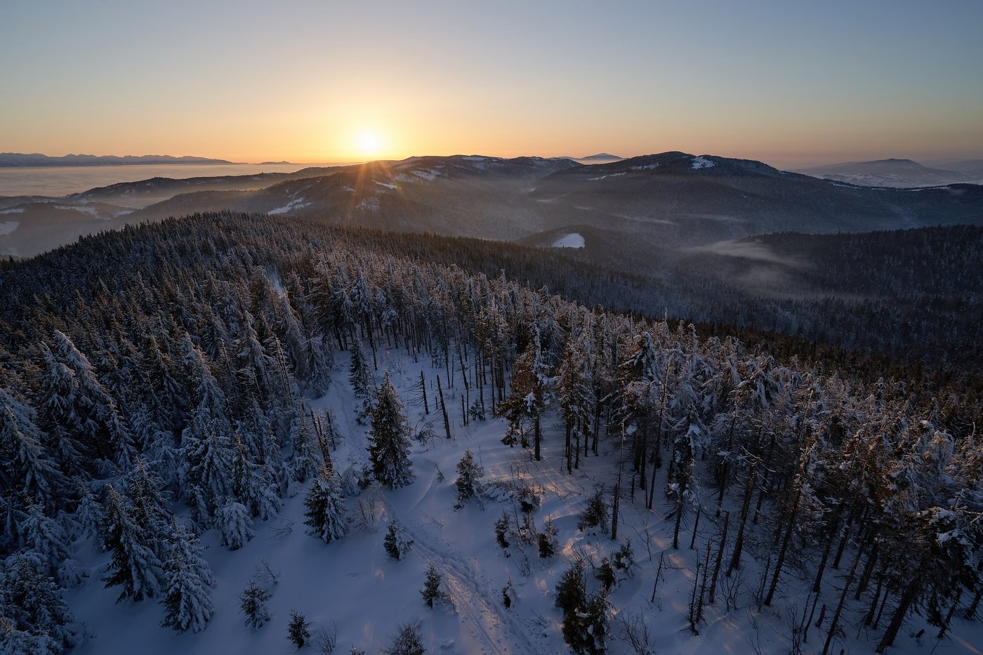 mist,mountains,hut,sunrise,tree,cold,frozen,snow,  Rafal