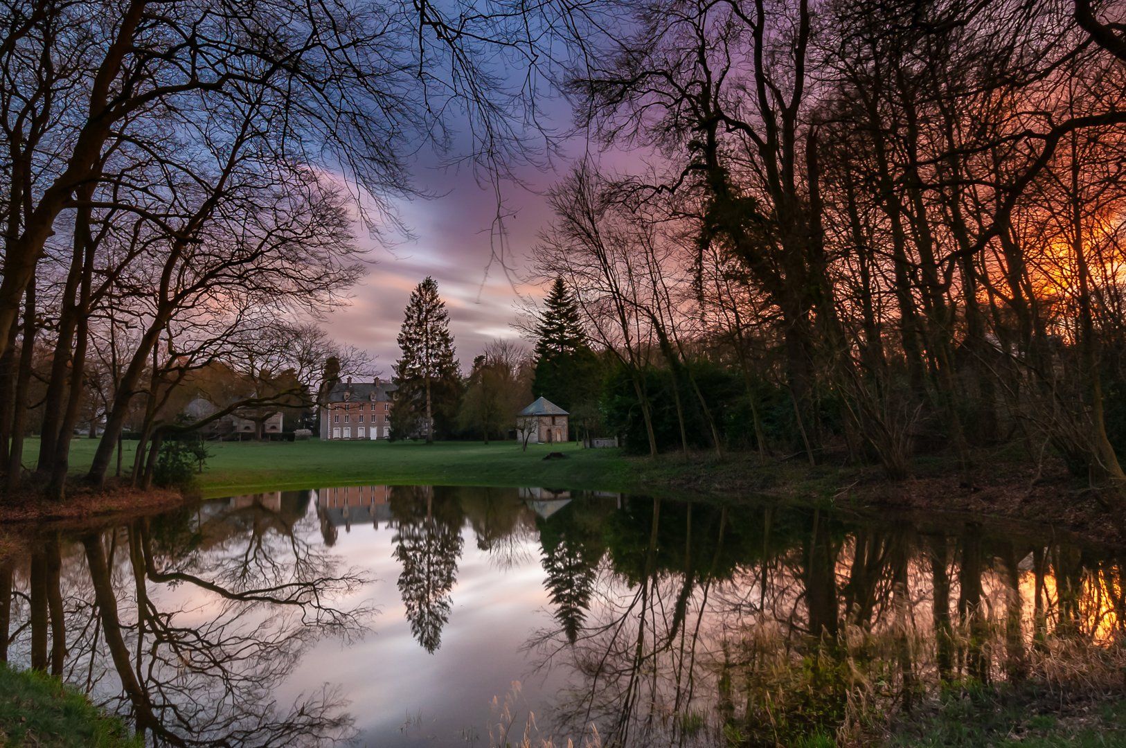mare; water: sunset; normandy; pond; manor; reflection;, Sibé