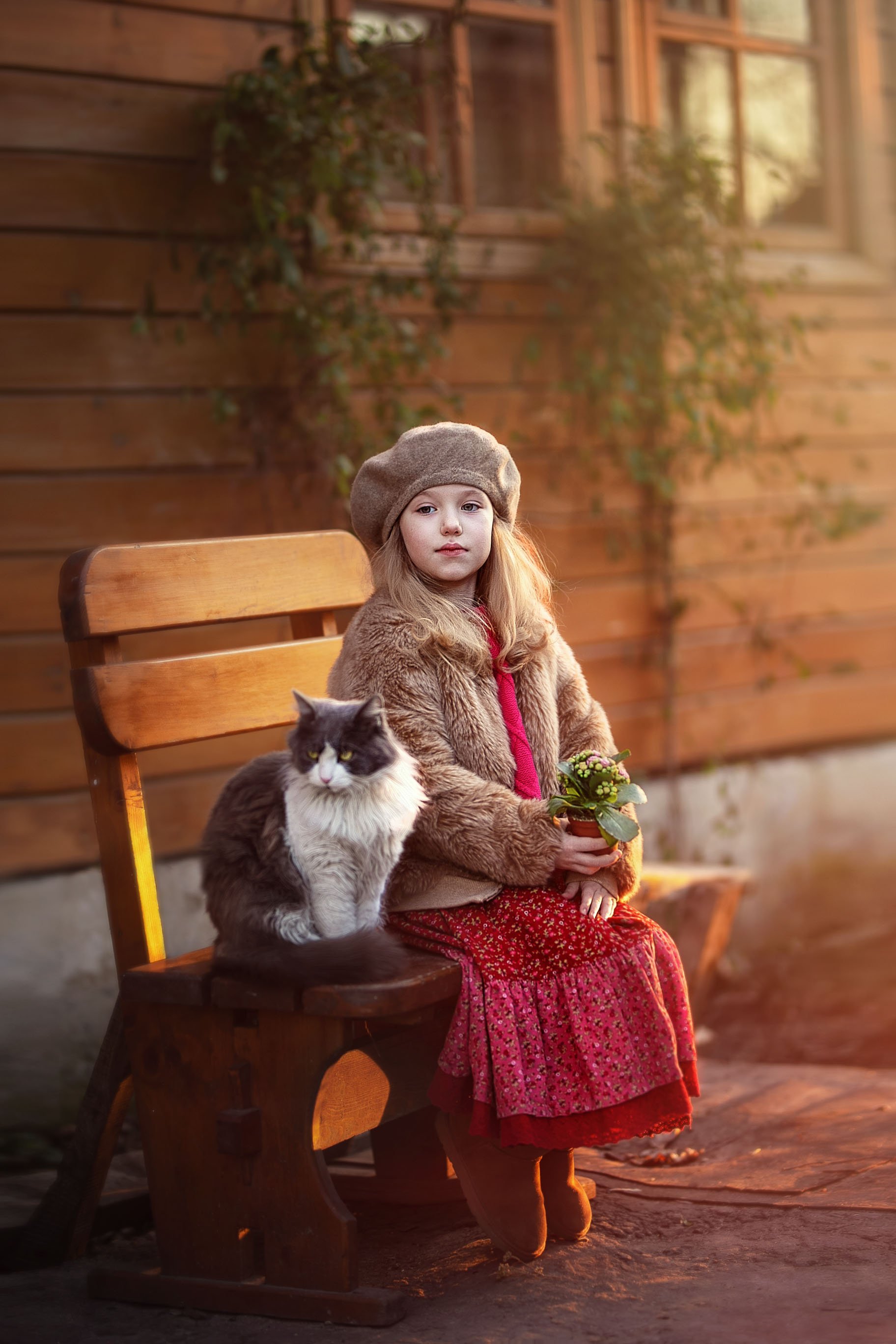 девочка кот улица лавочка дом зима весна изба вечер, Марина Еленчук