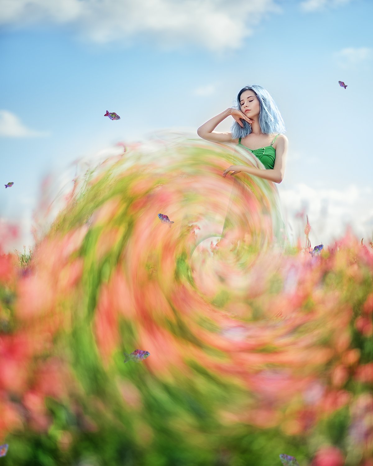 портрет, файнарт, синие волосы, розовые цветы, весна, portrait, springtime, fineart, blue hair, fantasy, pink flowers, Марина Семёхина