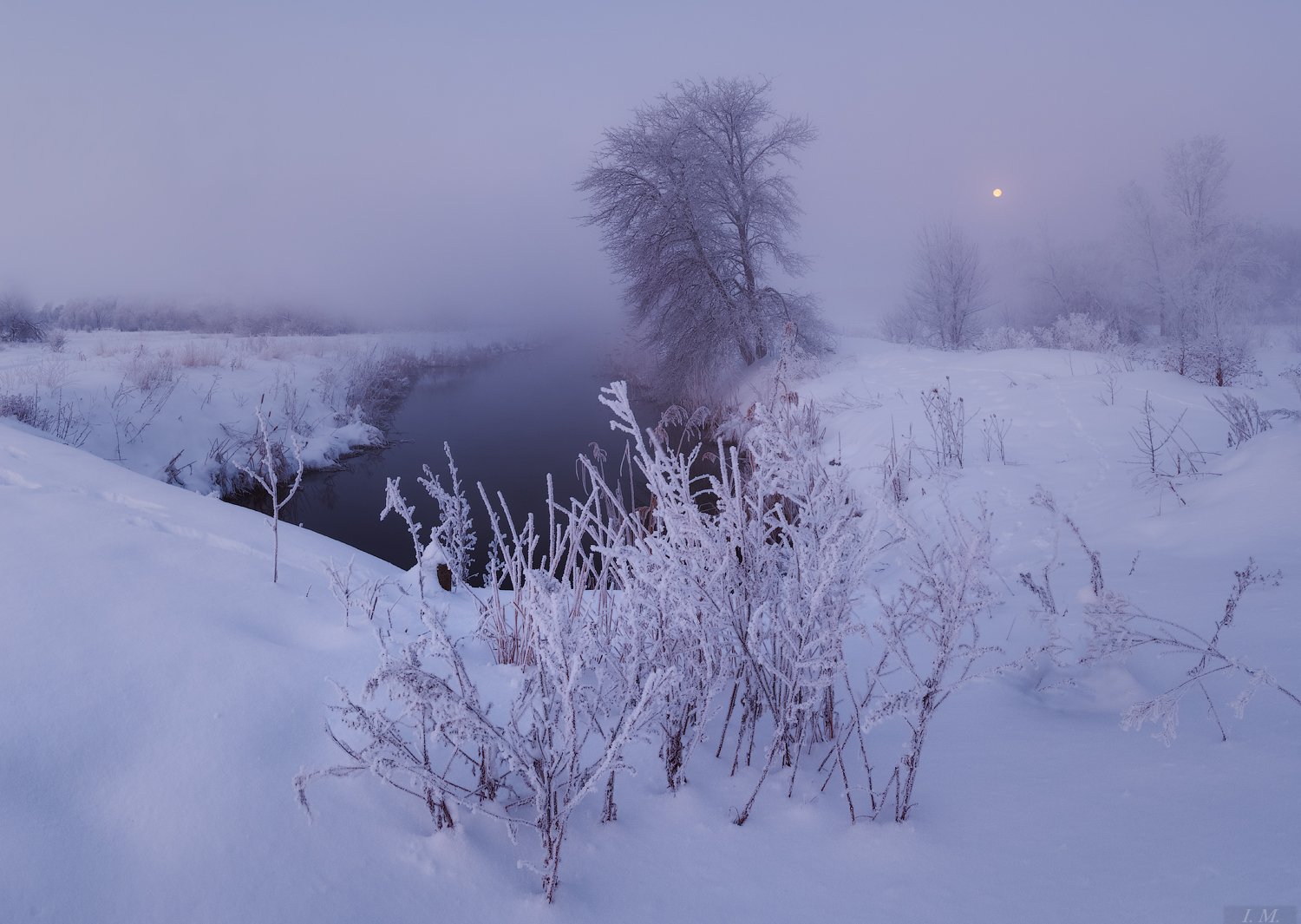 утро, мороз, туман, иней, речка, луна, пейзаж, рассвет, снег, зима, morning, dawn, winter, landscape, frozen, fog, small, river, frost, snow, moon, foggy, trees, misty, mood, Ivan Maljarenko 