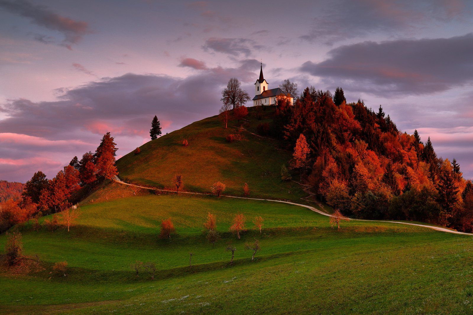 slovenia, morning, hill, church, sunrise, autumn, tree, road,, Jacek Lisiewicz