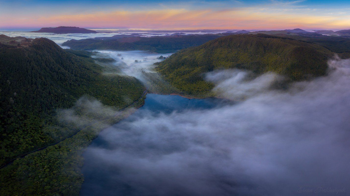 новая зеландия,озеро,рассвет,закат,туман,фототур,путешествие,пейзаж,панорама,вулкан,природа, Elena Pakhalyuk