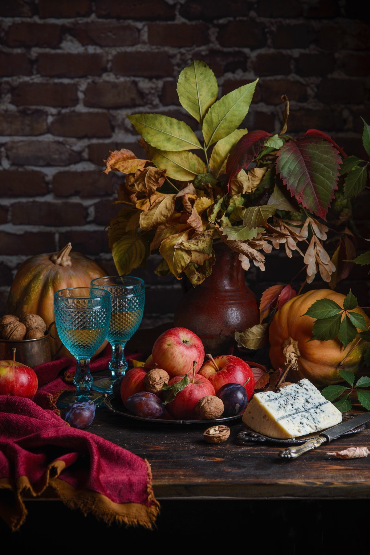яблоки, сливы, орехи, тыквы, листья, вино, сыр, fashionfoodfoto