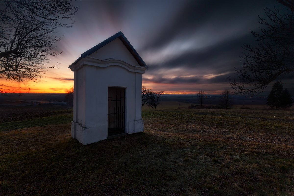 landscape, tree, sunset, chaple, Petr Fiala