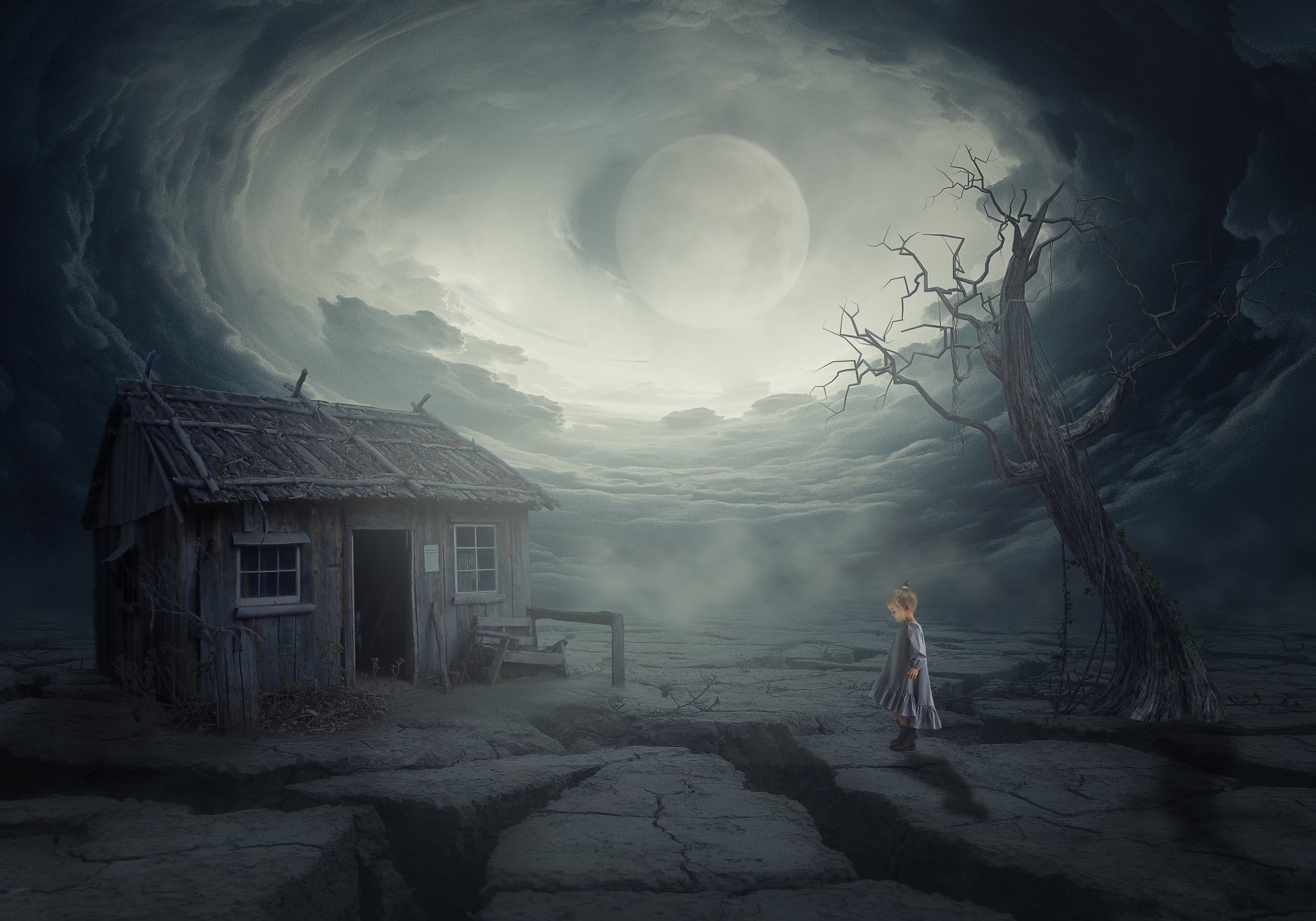 девочка, дом, облака, луна, Sergii Vidov