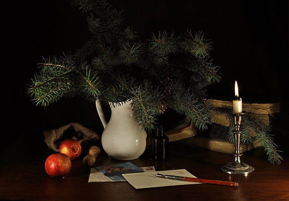 елка, свеча, открытки, яблоки, книги, Elena Pankova