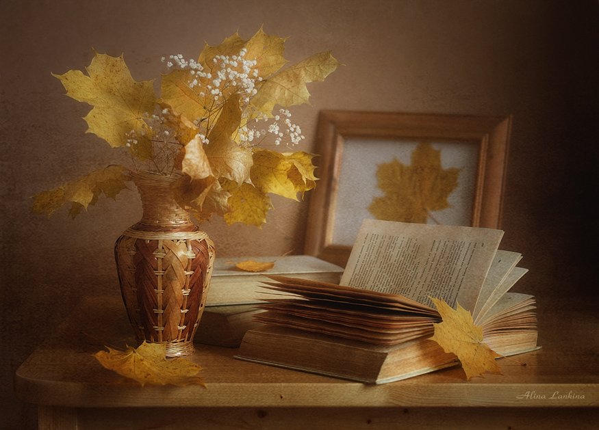 натюрморт, осень, листья, клен, книга, Alina Lankina