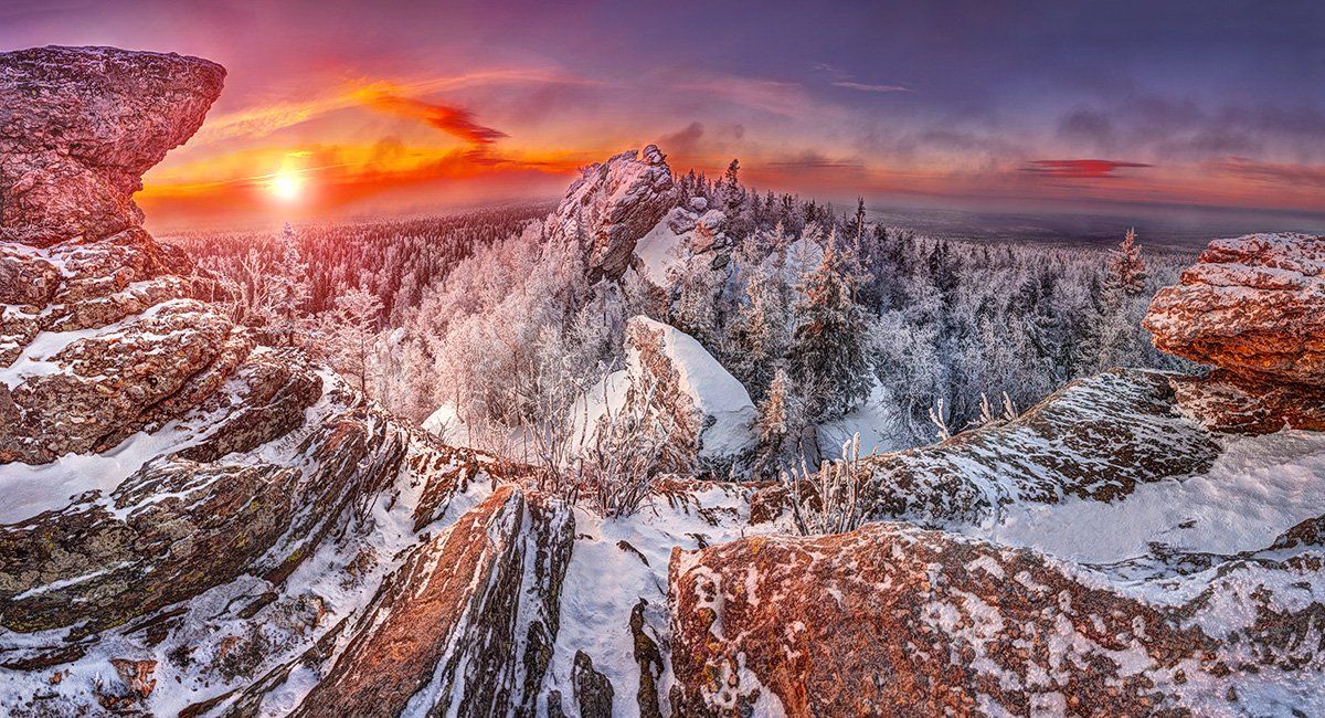урал, пейзаж, лес, зима, горы, рассвет, снег, скалы, Konstantin Mironov