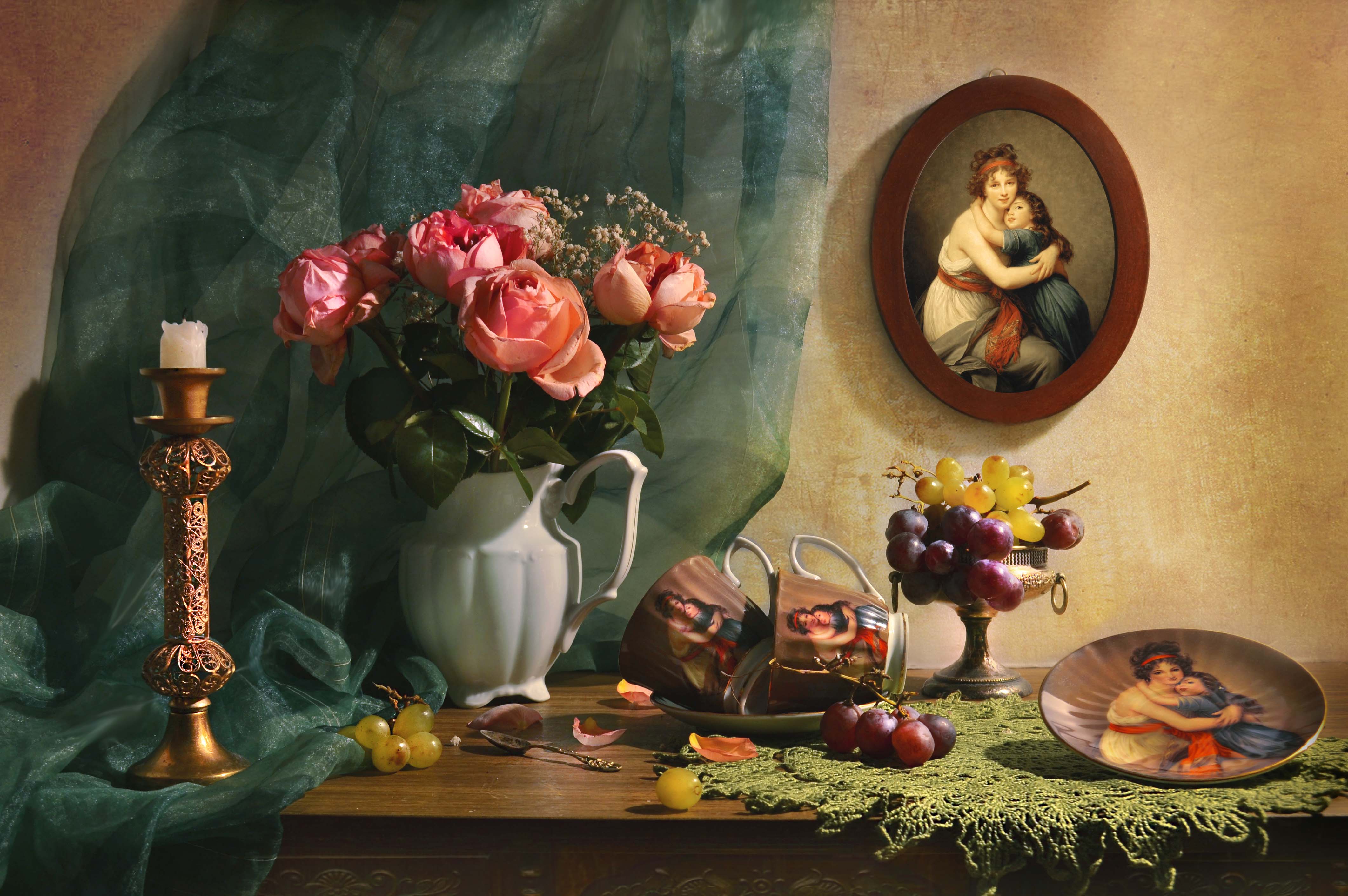 still lif,  натюрморт,  фото натюрморт,арт, весна, март, портрет, фарфор, розы, цветы, натроение, вечер, подсвечник, свеча, автопортрет французкой художницы с дочерью жюли элизабет-луиз виже-лебрён (1755-1842), Колова Валентина