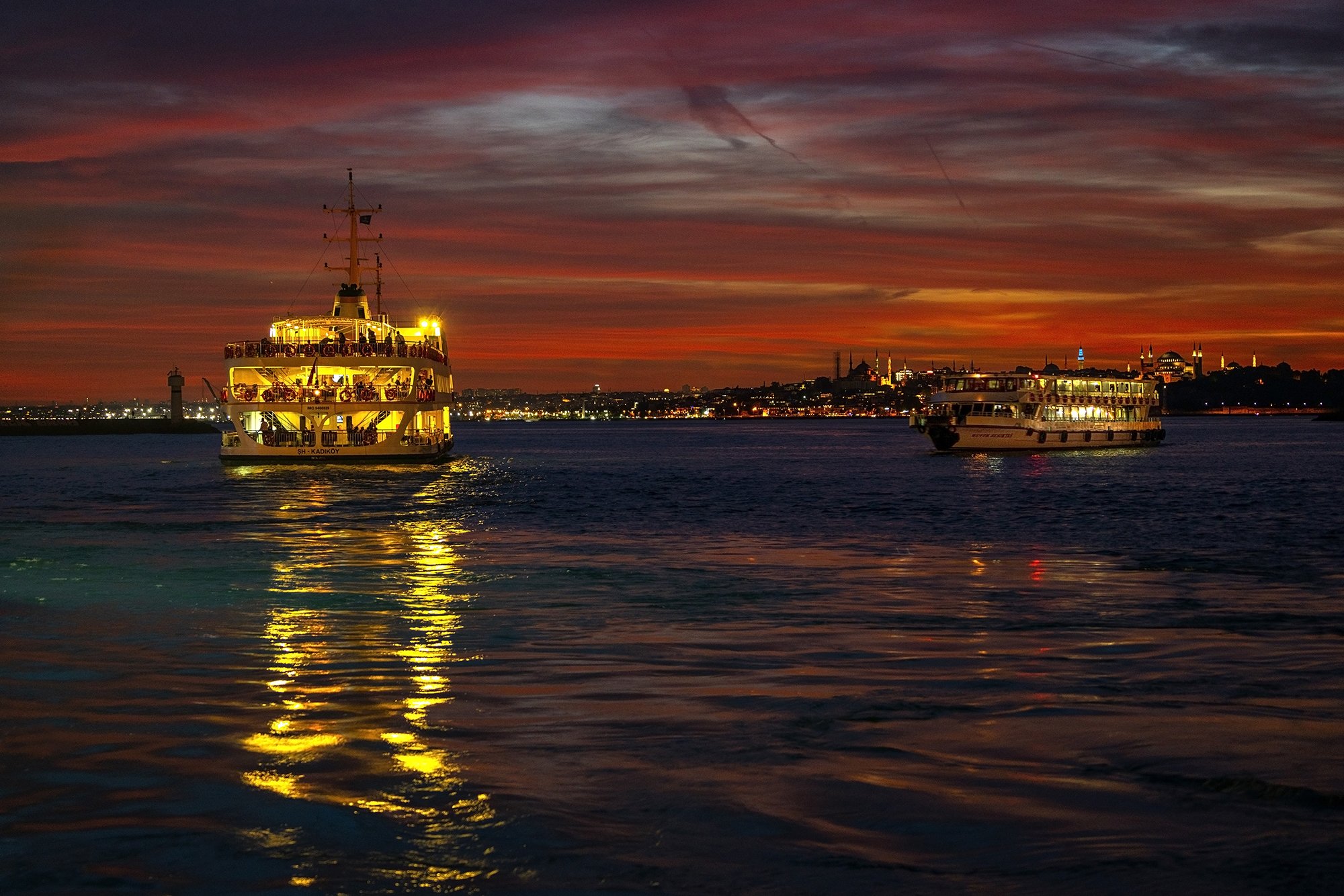 #Istanbul #night #sea #sky #steamboat #light #reflection , Fikriye Er