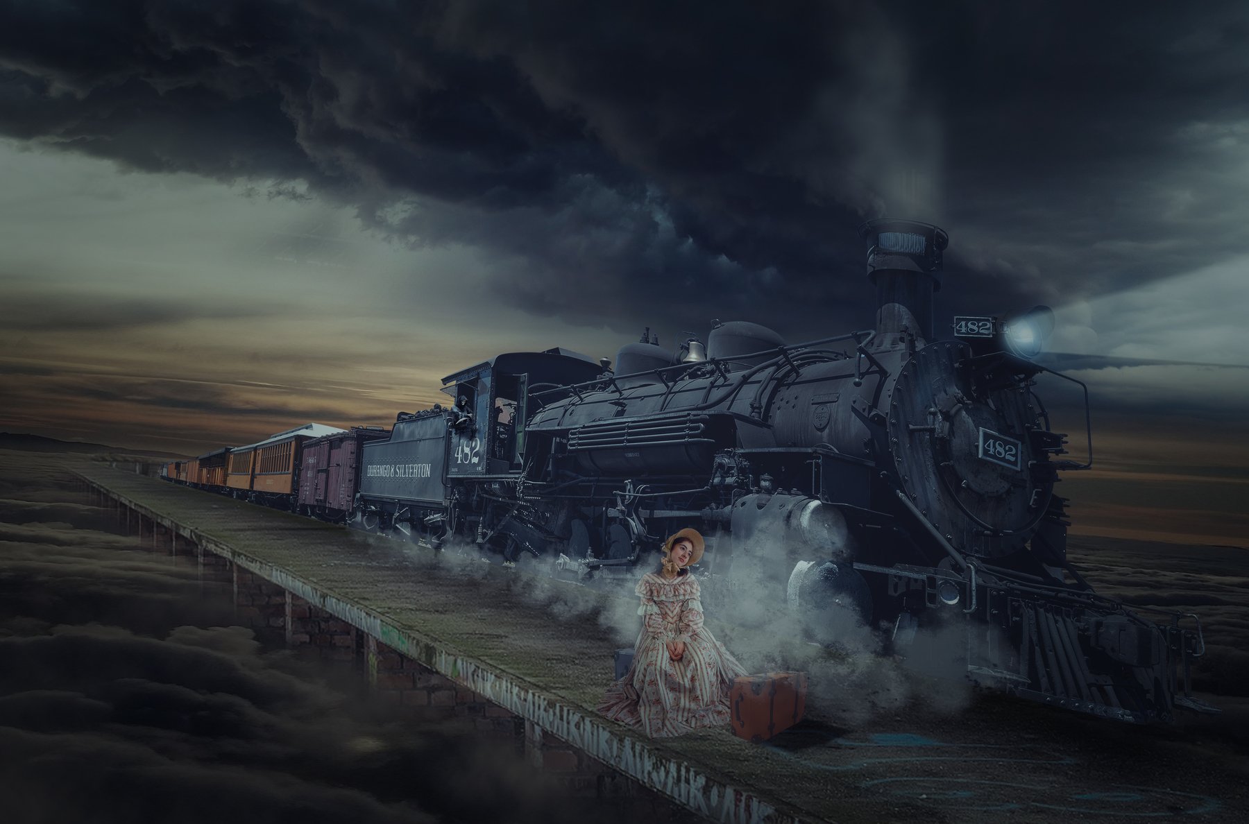 девушка, поезд, облака, Sergii Vidov