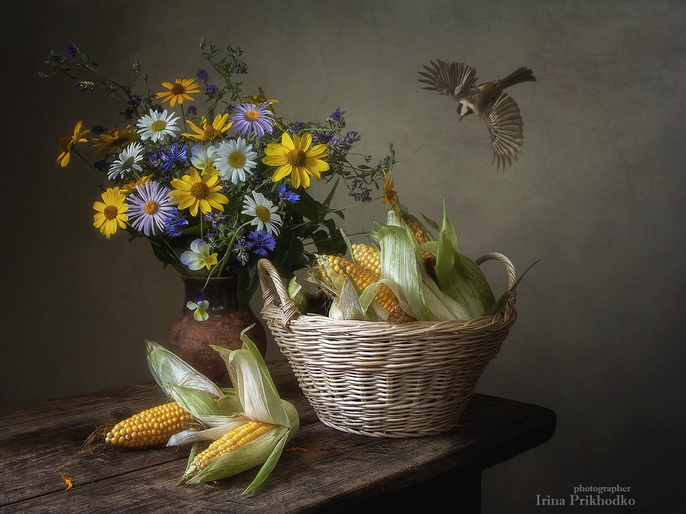 натюрморт, лето, кукуруза, букет, полевые цветы, Ирина Приходько