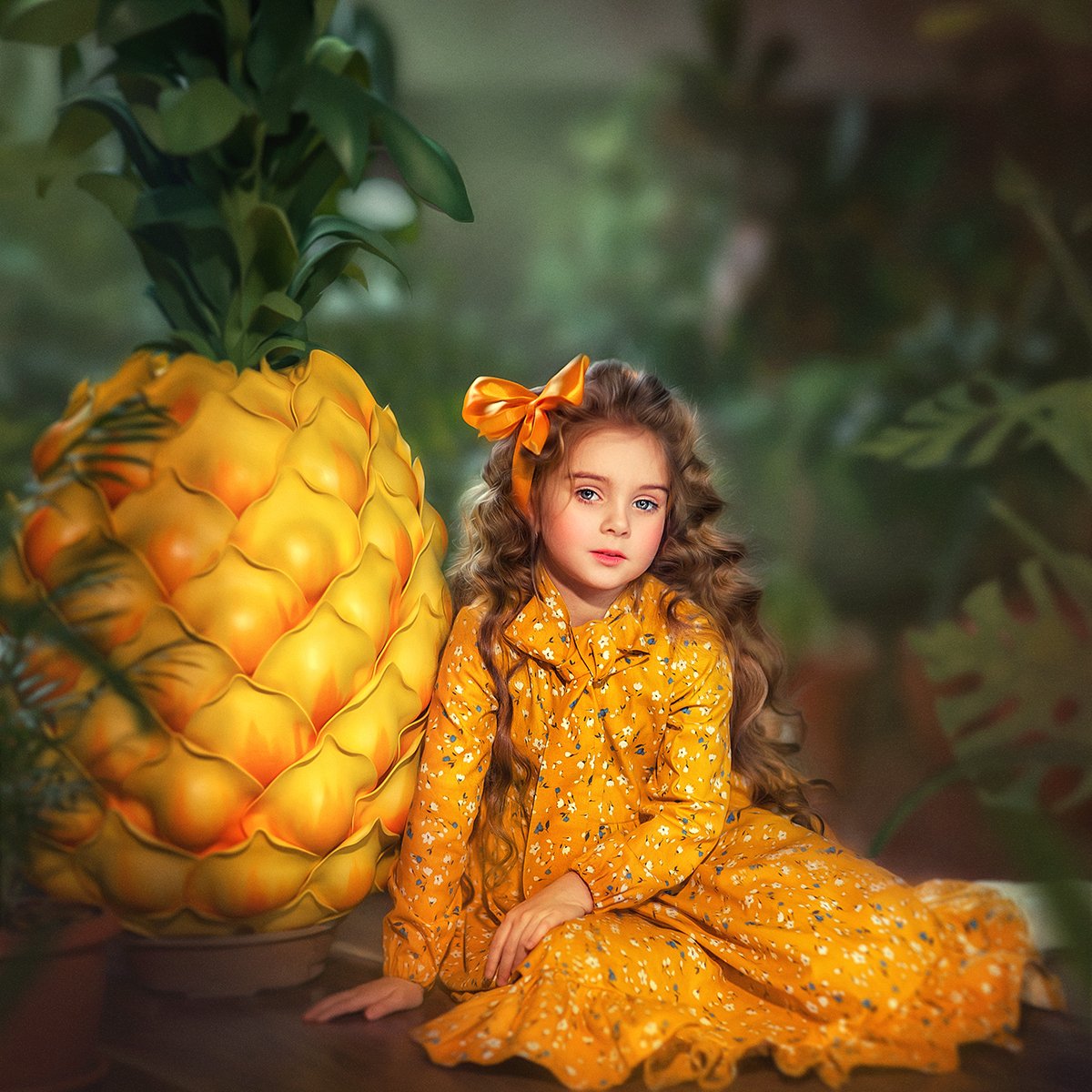 детский портрет, детская фотография, дети, желтое платье, красивая девочка, ананас, фрукты, сад, Настя Саврицкая