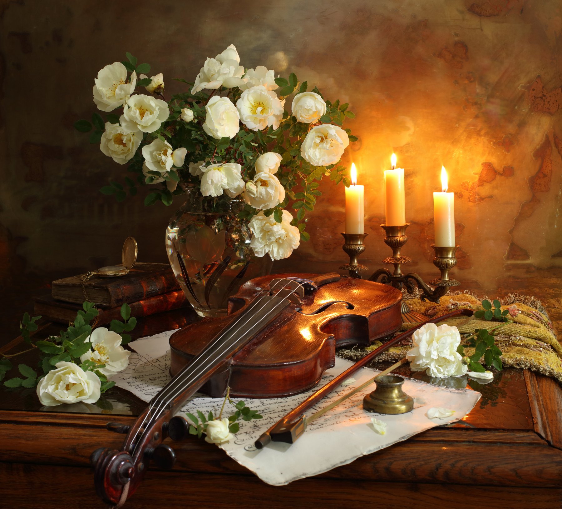скрипка, музыка, цветы, розы, свечи, Андрей Морозов