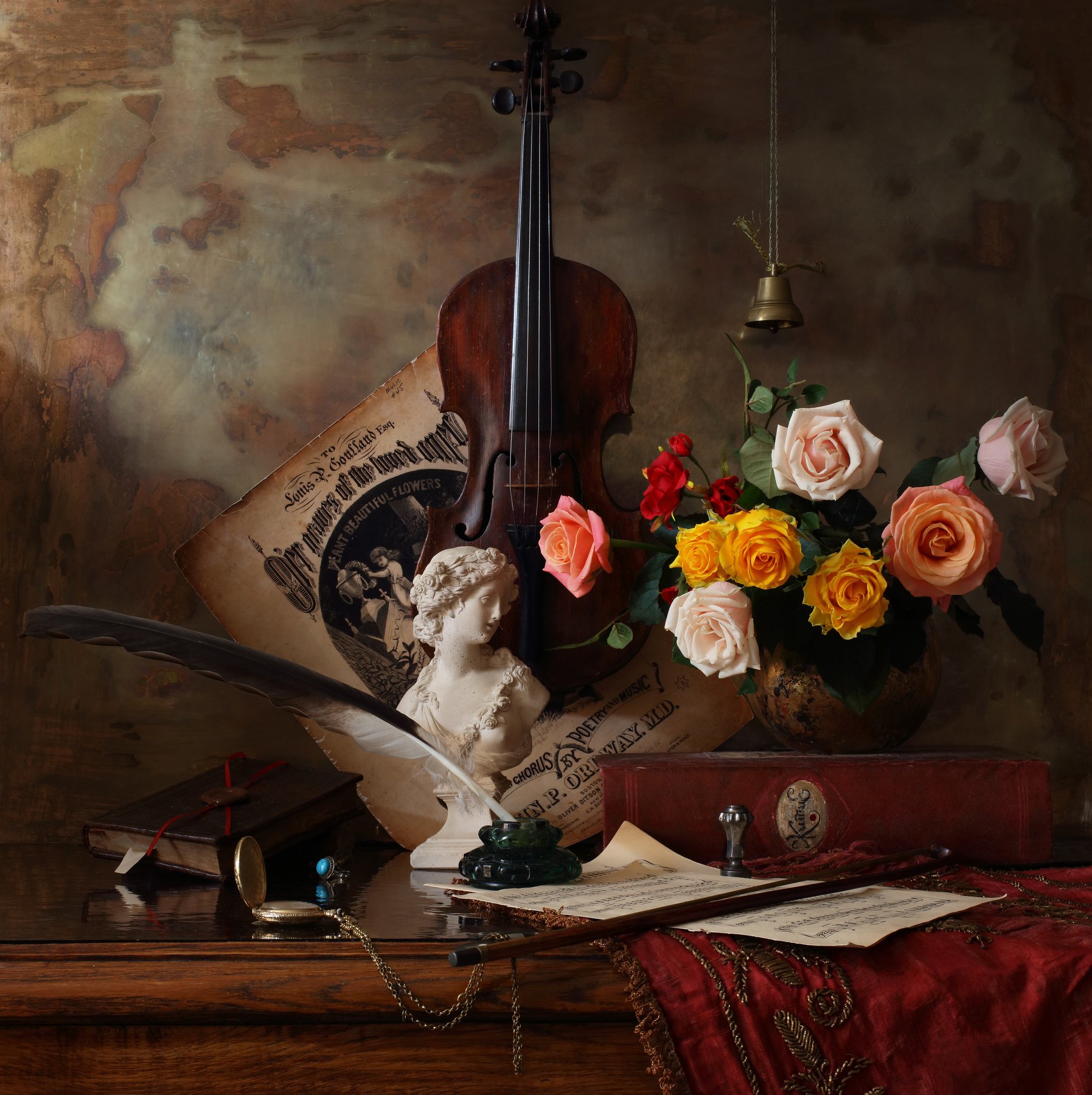 скрипка, цветы, розы, музыка, девушка, скульптура, Андрей Морозов