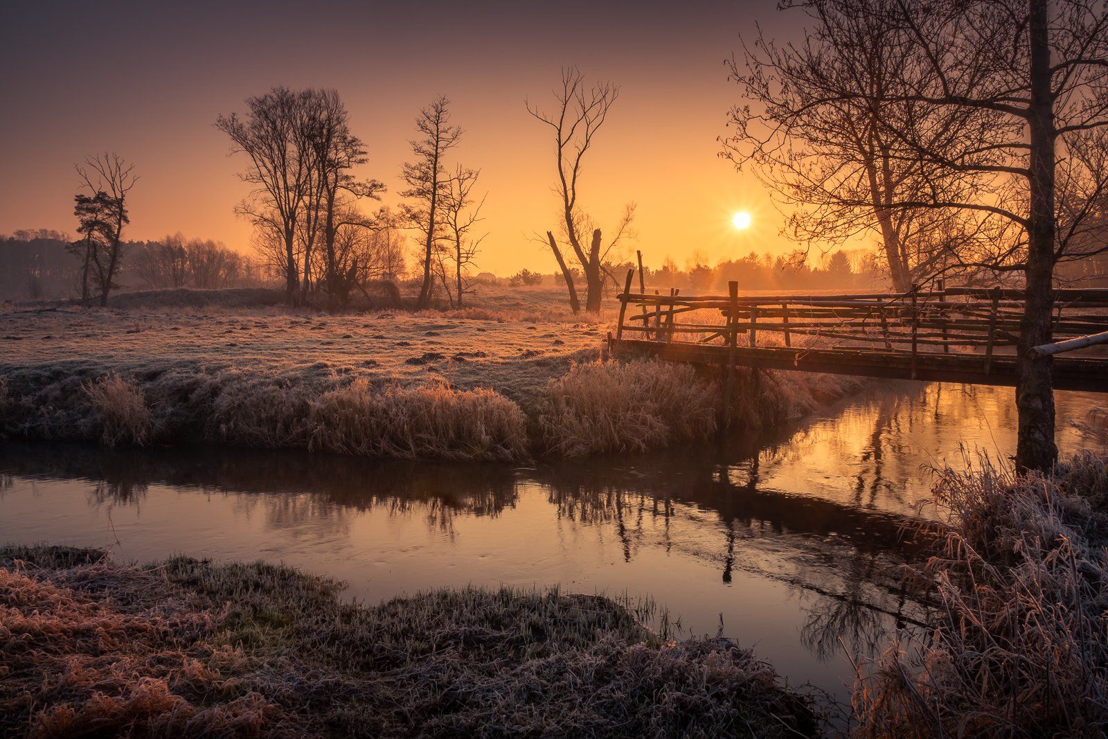 jeziorka, river, bridge, wooden, morning, water, sunrise, Artur Bociarski