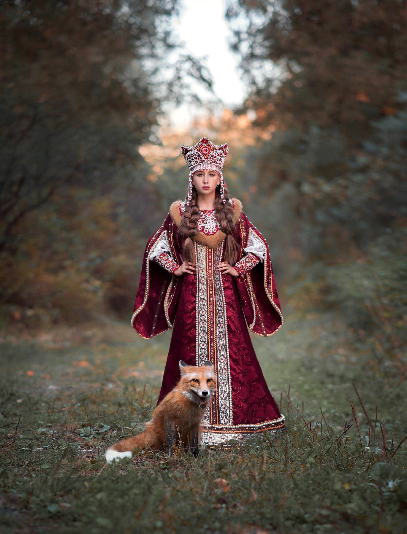 Царевна, лис, рыжий лис, природа, осень, красный, костюм, русское платье, традиции, русский мир, Софья Ознобихина