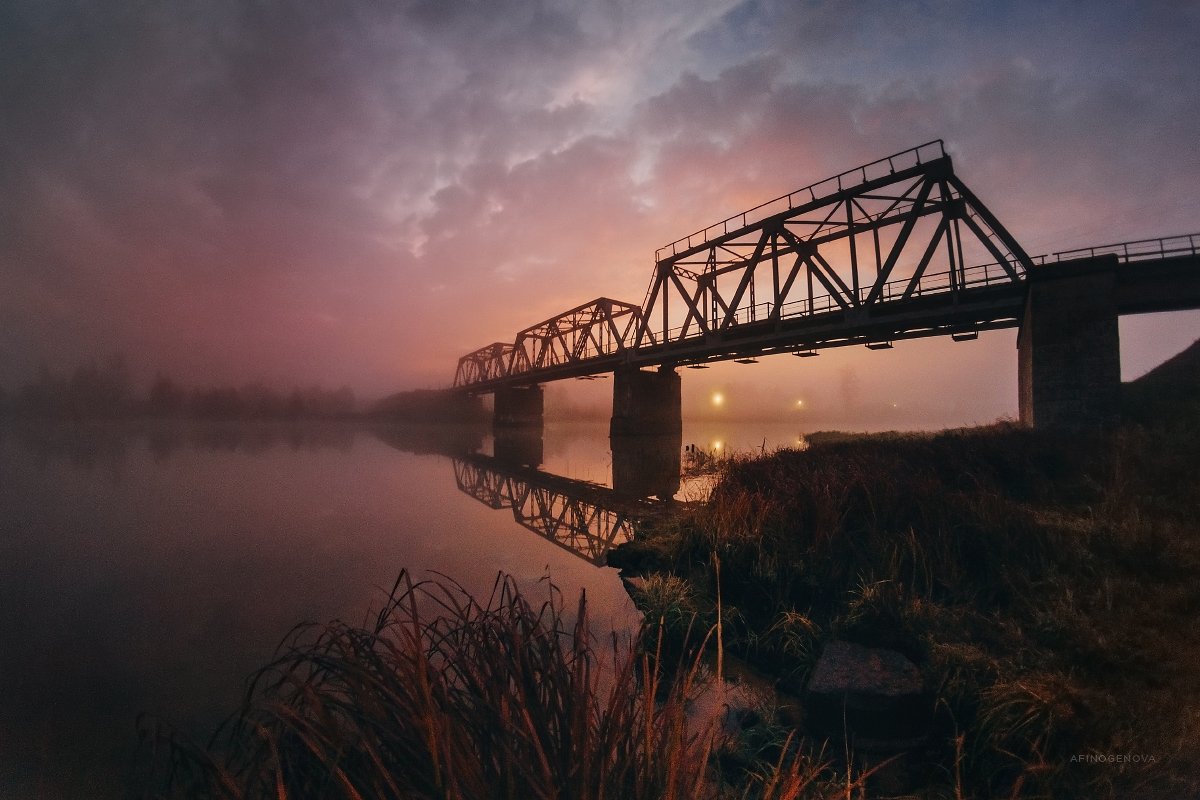 мост утро рассвет берег облака, Татьяна Афиногенова