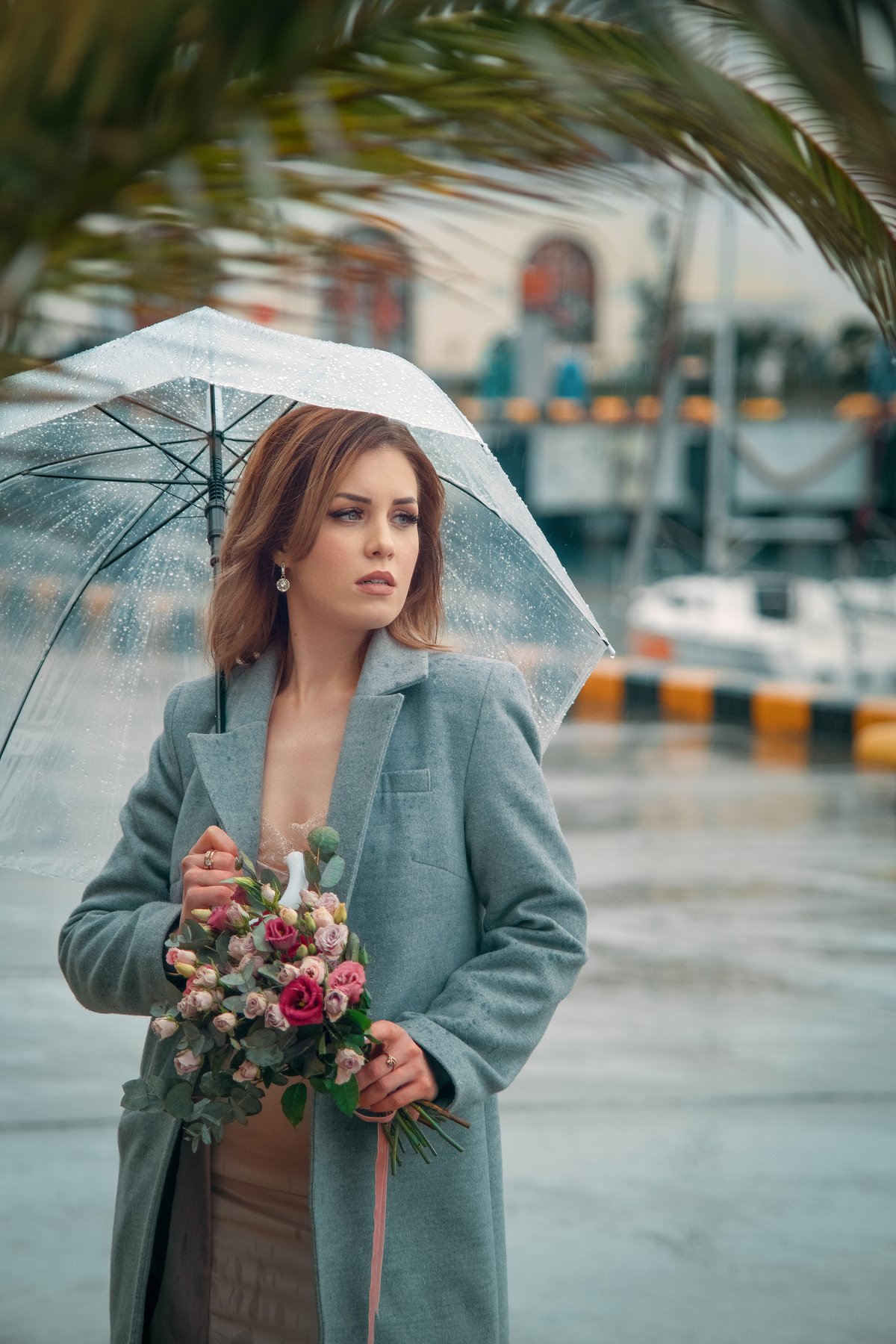 девушка дождь зонт пальмы цветы порт, Ольга Алехина