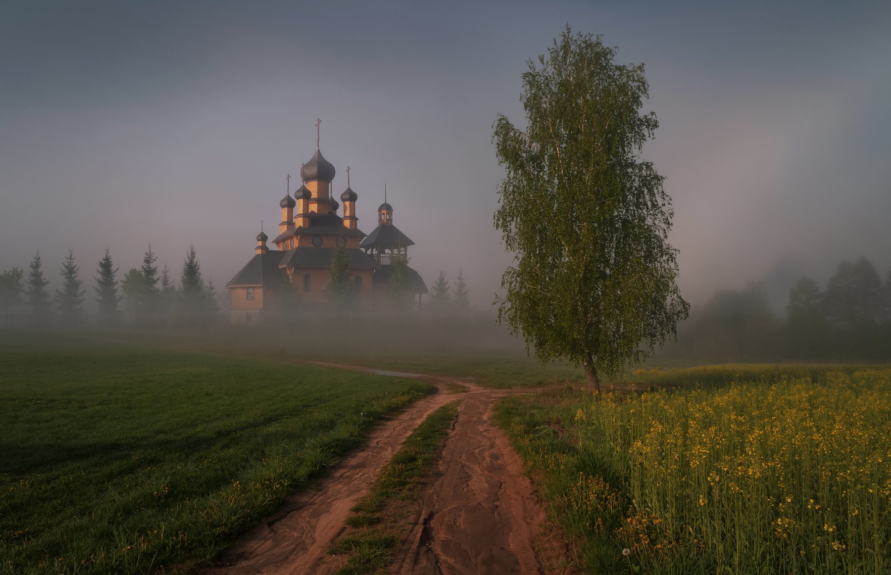 утро, туман, дорога, весна, церковь, Александр Гвоздь
